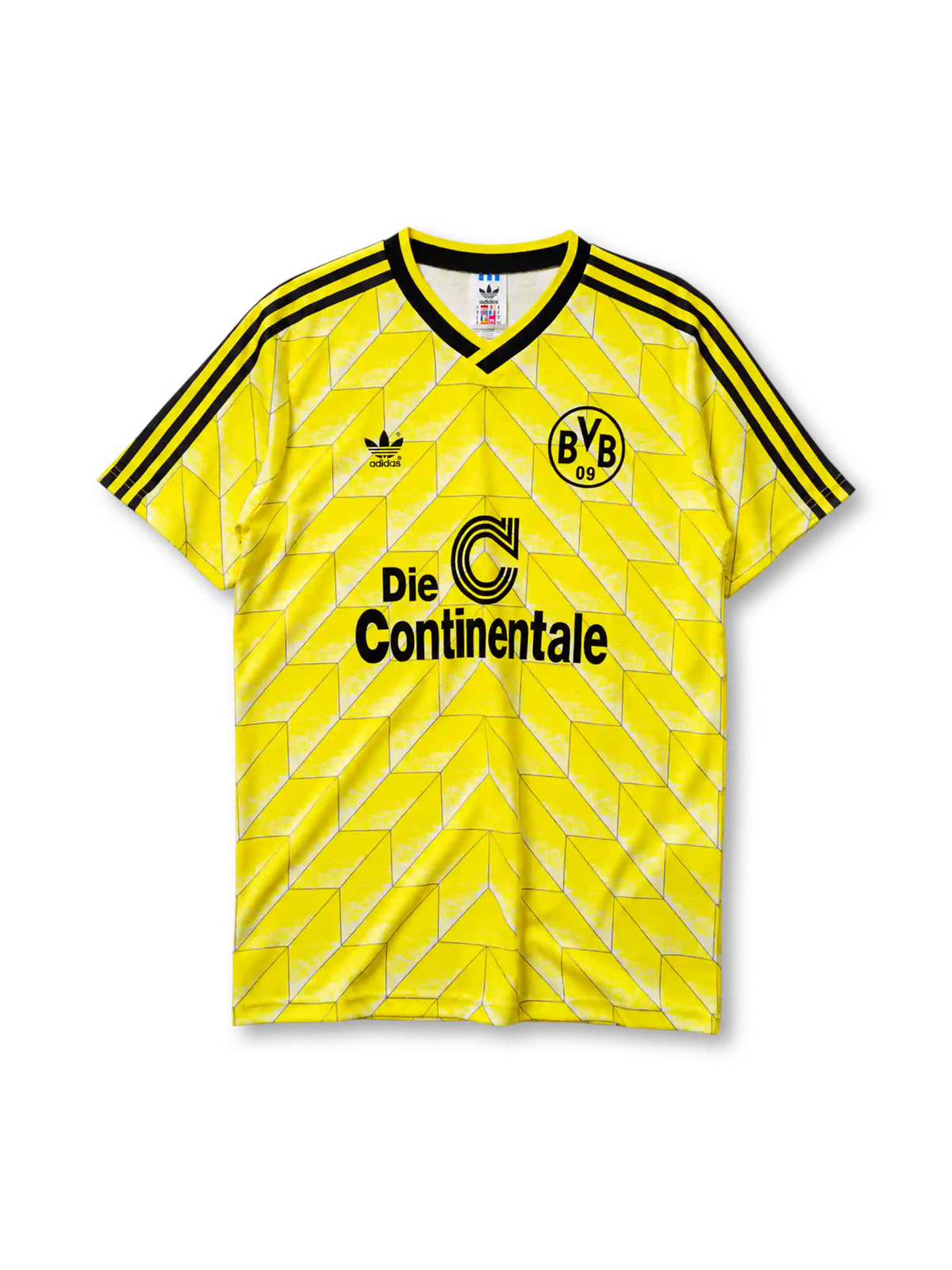 鮮やかなイエローの生地に白のシェブロン柄、黒地のVネック襟、左胸のadidasロゴ、右胸のBVB09クラブエンブレム、中央の黒いDie Continentaleスポンサーロゴを備えたボルシア・ドルトムント1988ホームジャージ正面