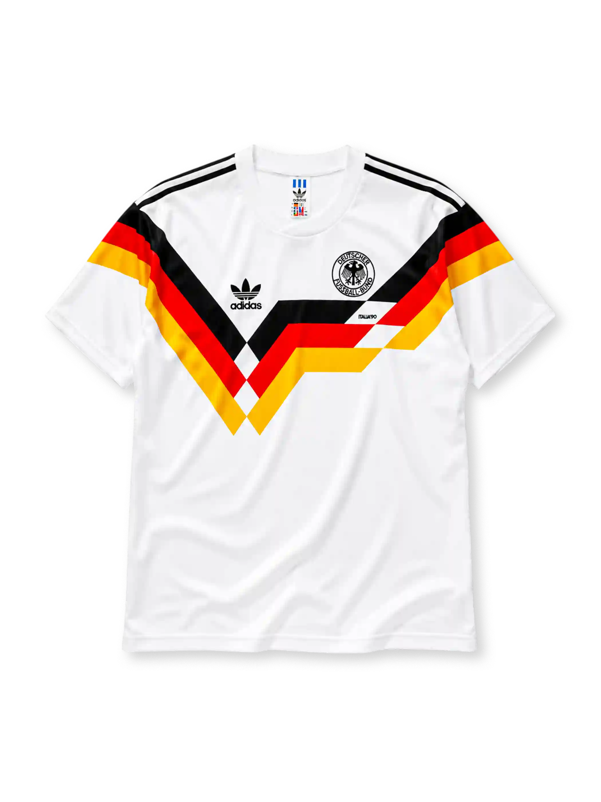 ホワイトベースに黒赤黄のシェブロン柄、肩の黒スリーストライプ、左胸のadidasロゴとITALIA'90の文字、右胸のDFBイーグルエンブレムを備えたドイツ代表1990ホームジャージ正面