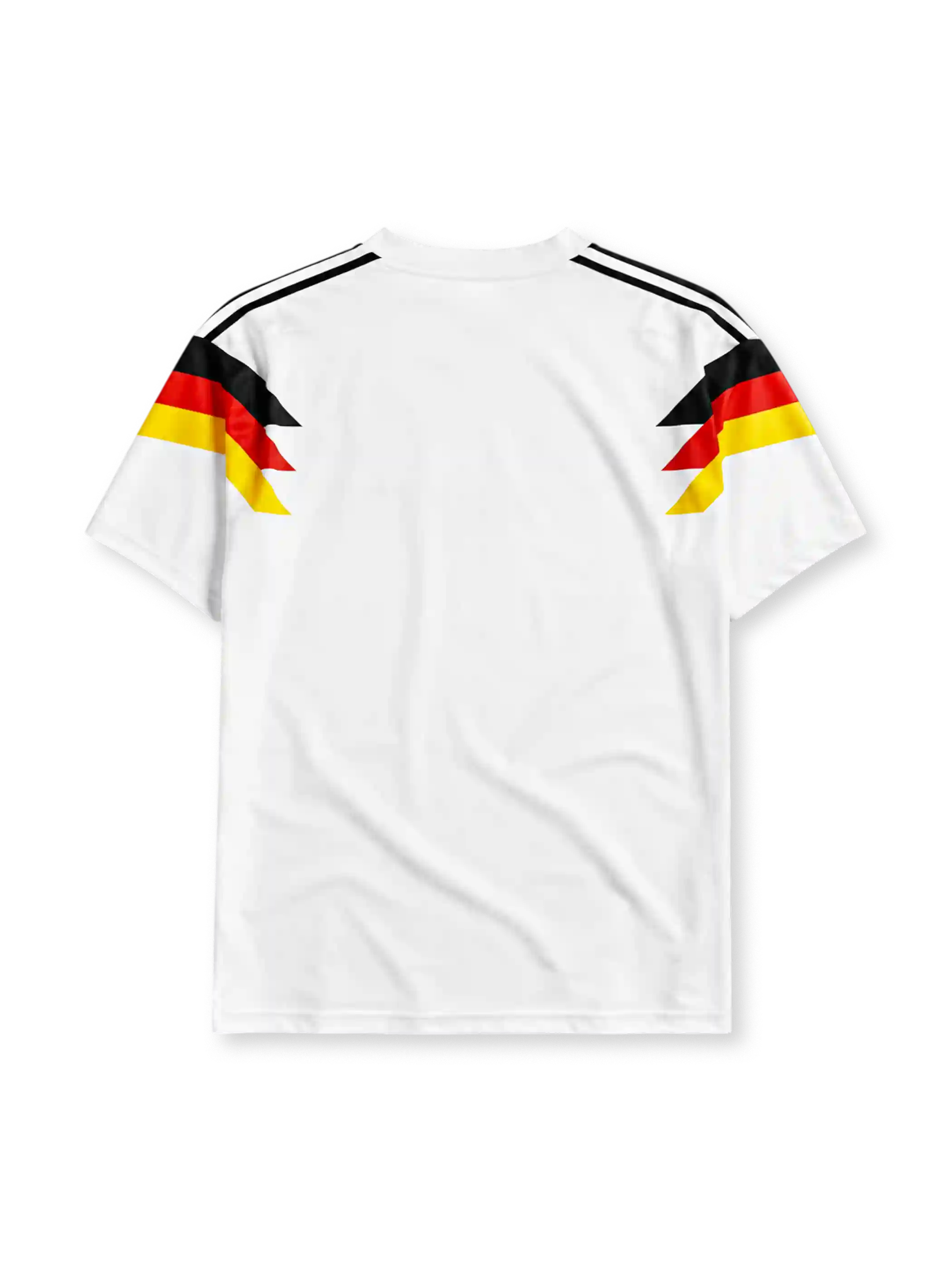ホワイトベースに黒赤黄のシェブロン柄、肩の黒スリーストライプ、左胸のadidasロゴとITALIA'90の文字、右胸のDFBイーグルエンブレムを備えたドイツ代表1990ホームジャージ正面