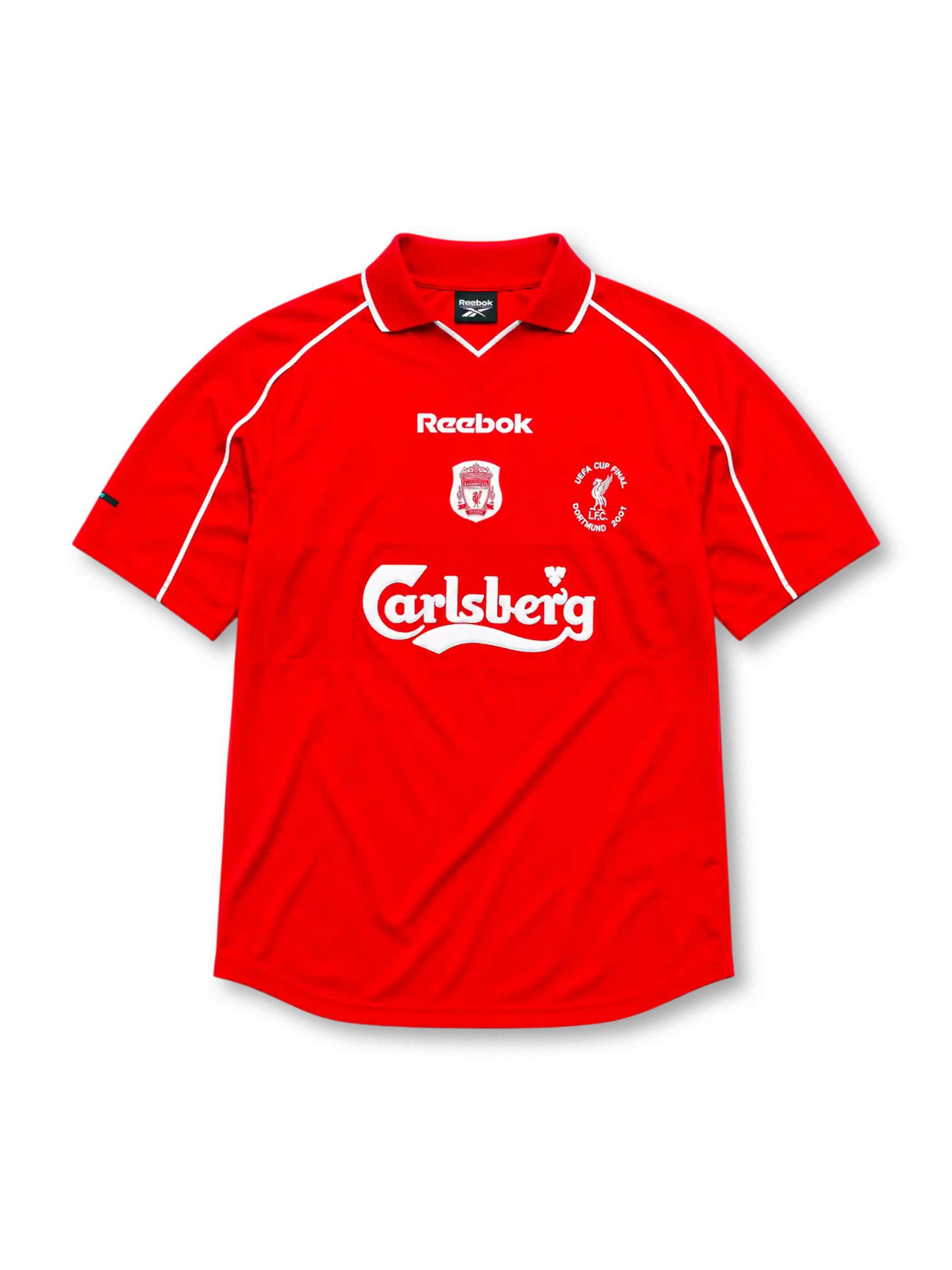 リヴァプールFC 2000/01シーズン ホームシャツ(Reebok/Carlsberg、UEFAカップ決勝ドルトムント2001記念バッジ付き)