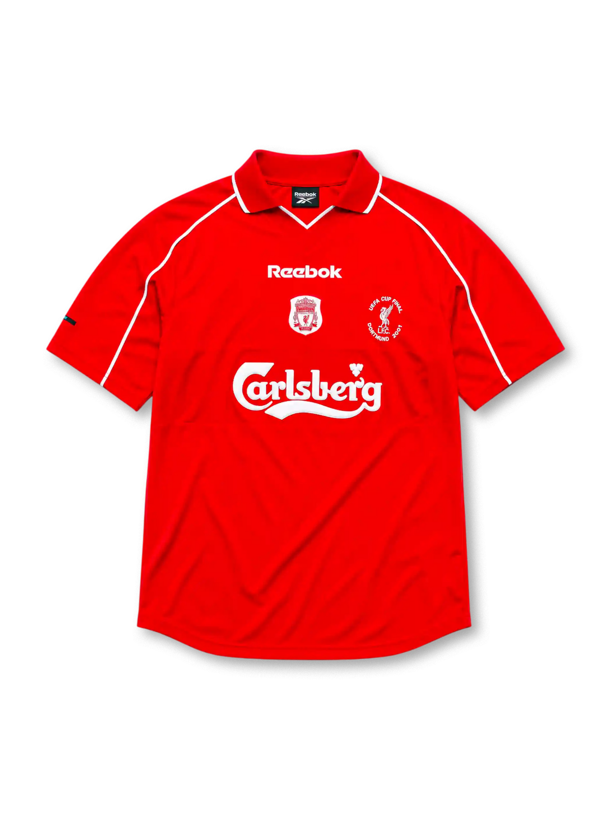 リヴァプールFC 2000/01シーズン ホームシャツ(Reebok/Carlsberg、UEFAカップ決勝ドルトムント2001記念バッジ付き)