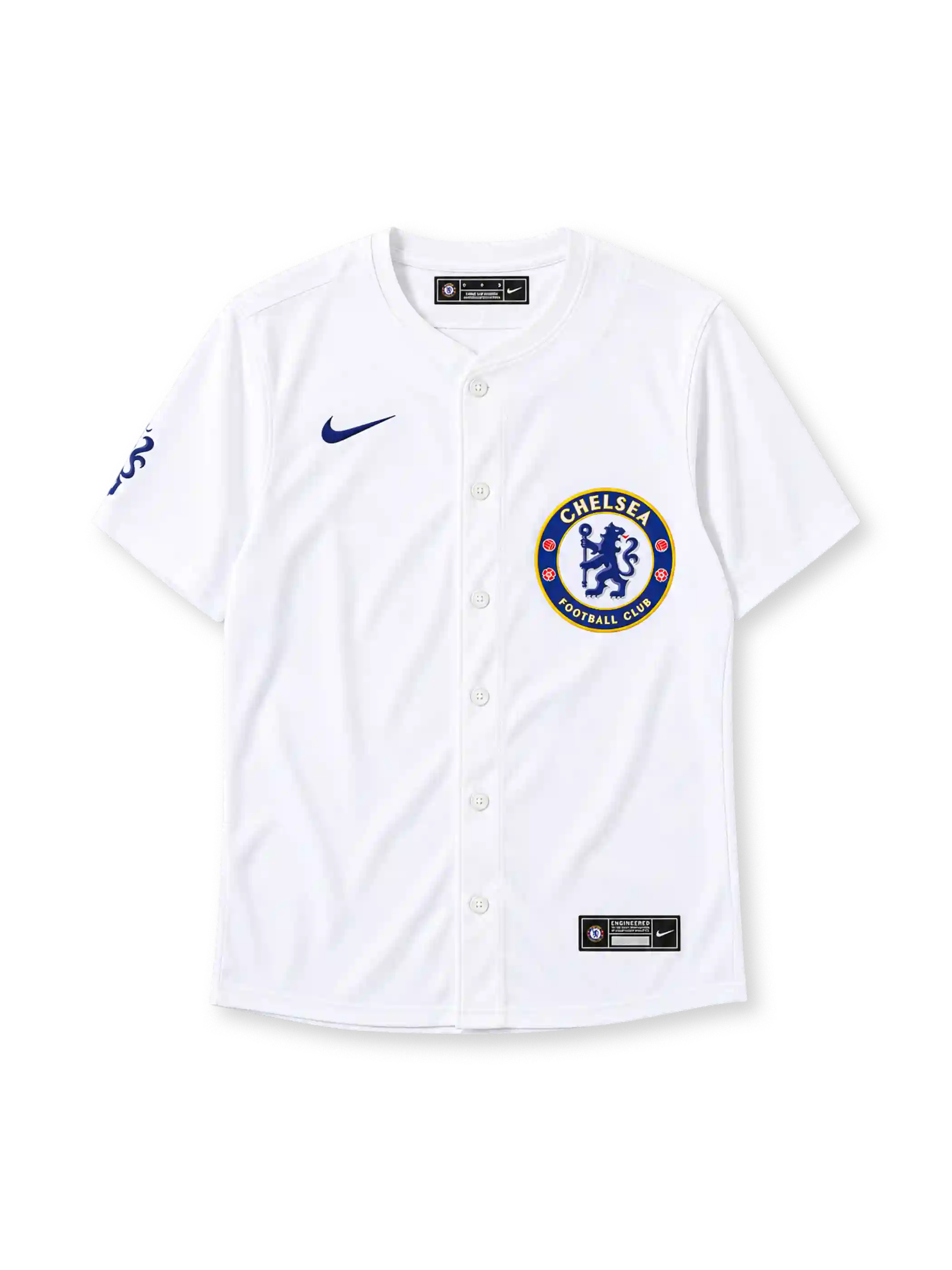 チェルシーFC 2025年 ホワイトベースボールシャツ（Nike製、MLBコラボ、クラブエンブレム入り）