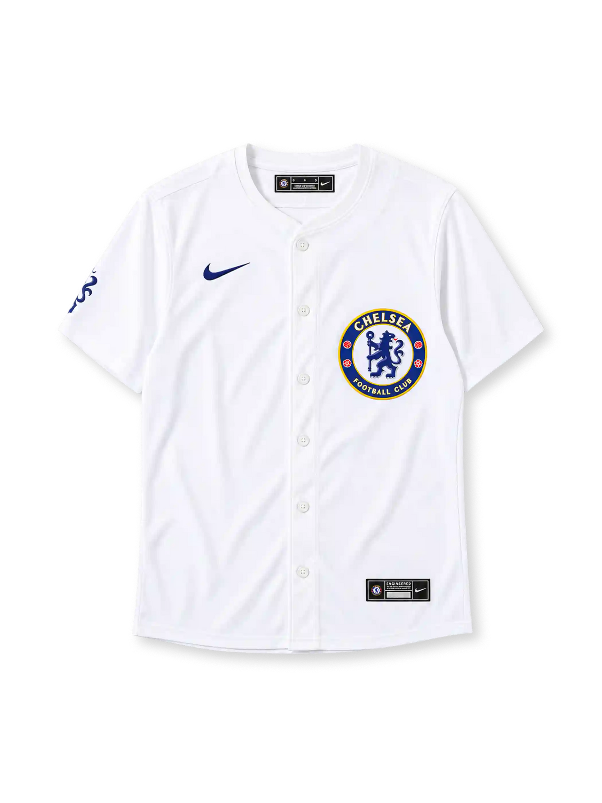チェルシーFC 2025年 ホワイトベースボールシャツ（Nike製、MLBコラボ、クラブエンブレム入り）
