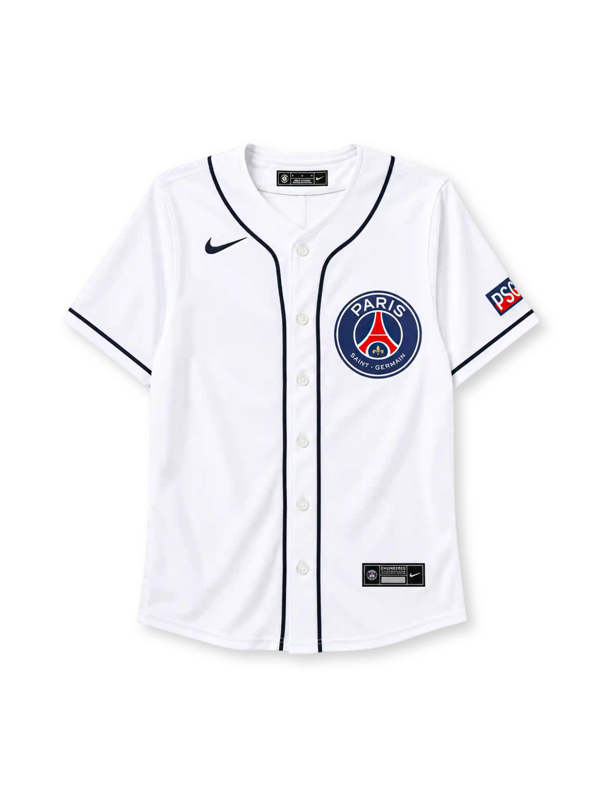 パリ・サンジェルマン 2025年 ホワイトベースボールシャツ（Nike製、MLBコラボ、クラブエンブレム入り）