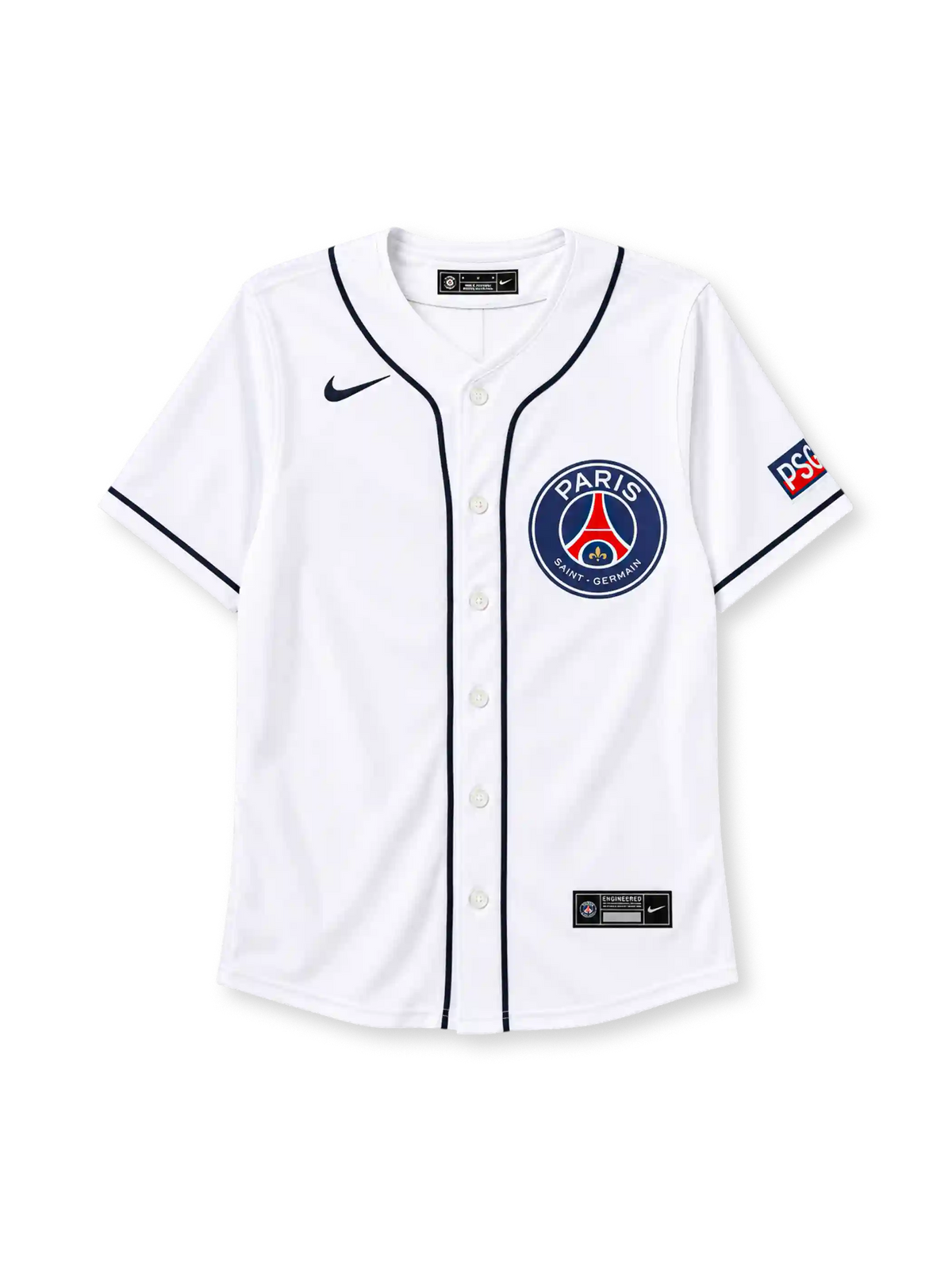 パリ・サンジェルマン 2025年 ホワイトベースボールシャツ（Nike製、MLBコラボ、クラブエンブレム入り）