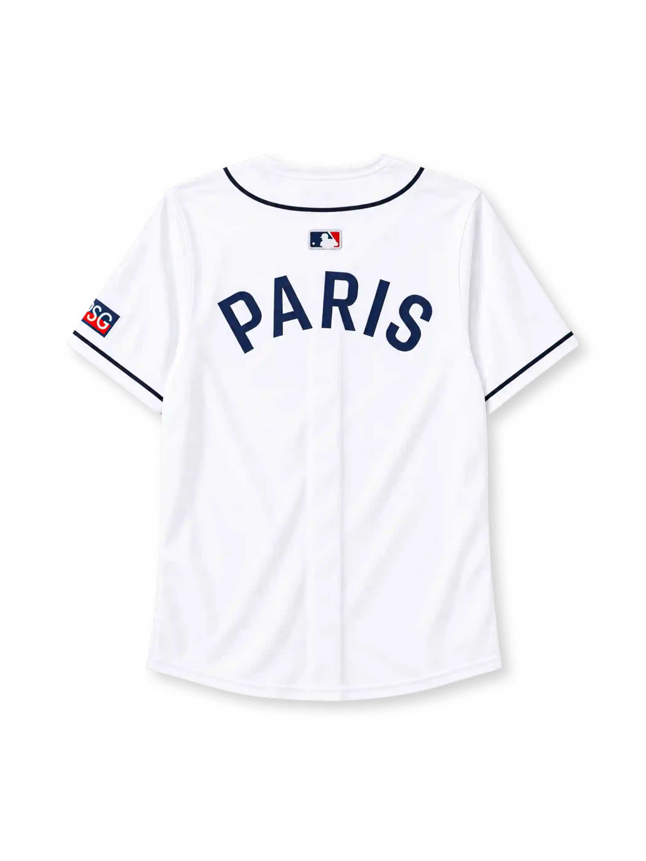 パリ・サンジェルマン 2025年 ホワイトベースボールシャツ（Nike製、MLBコラボ、クラブエンブレム入り）