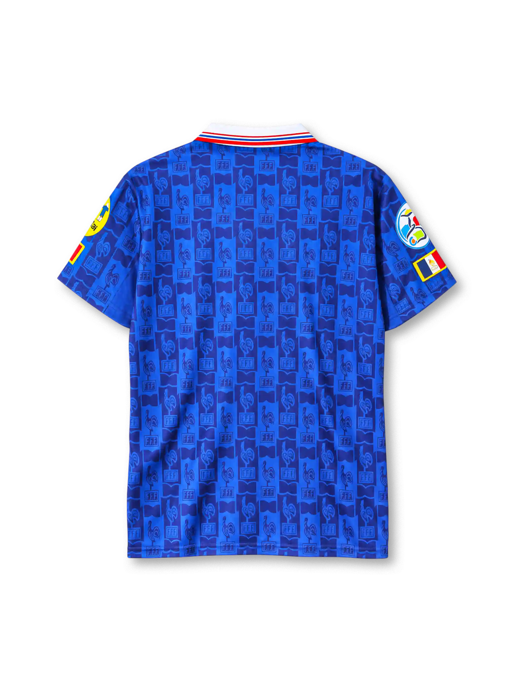 フランス代表 1996年 ホームユニフォーム（adidas製、青地、編み上げ襟、ユーロ1996パッチ付き）