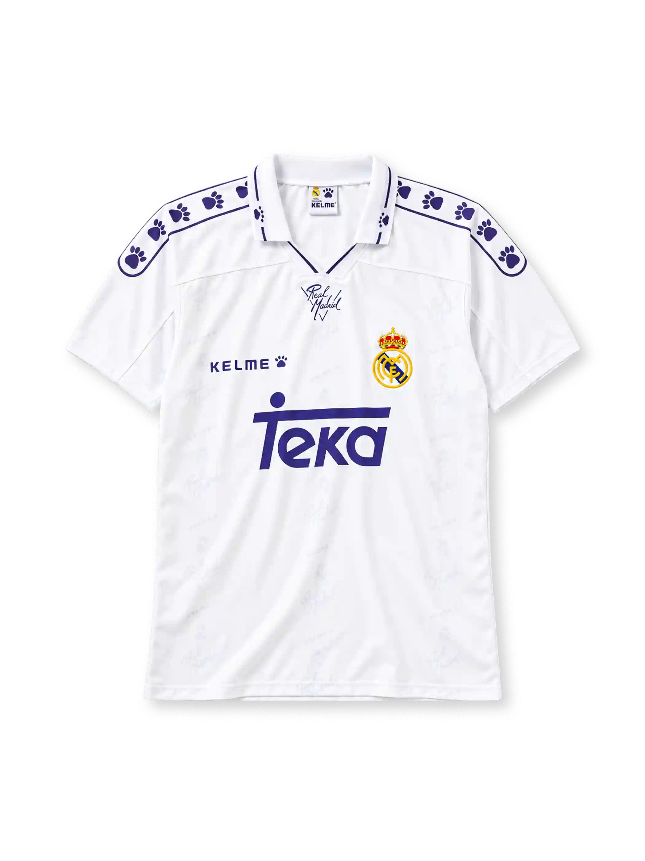 レアル・マドリード 1994/96シーズン ホームユニフォーム（Kelme製、白地、肉球柄、Tekaスポンサー）