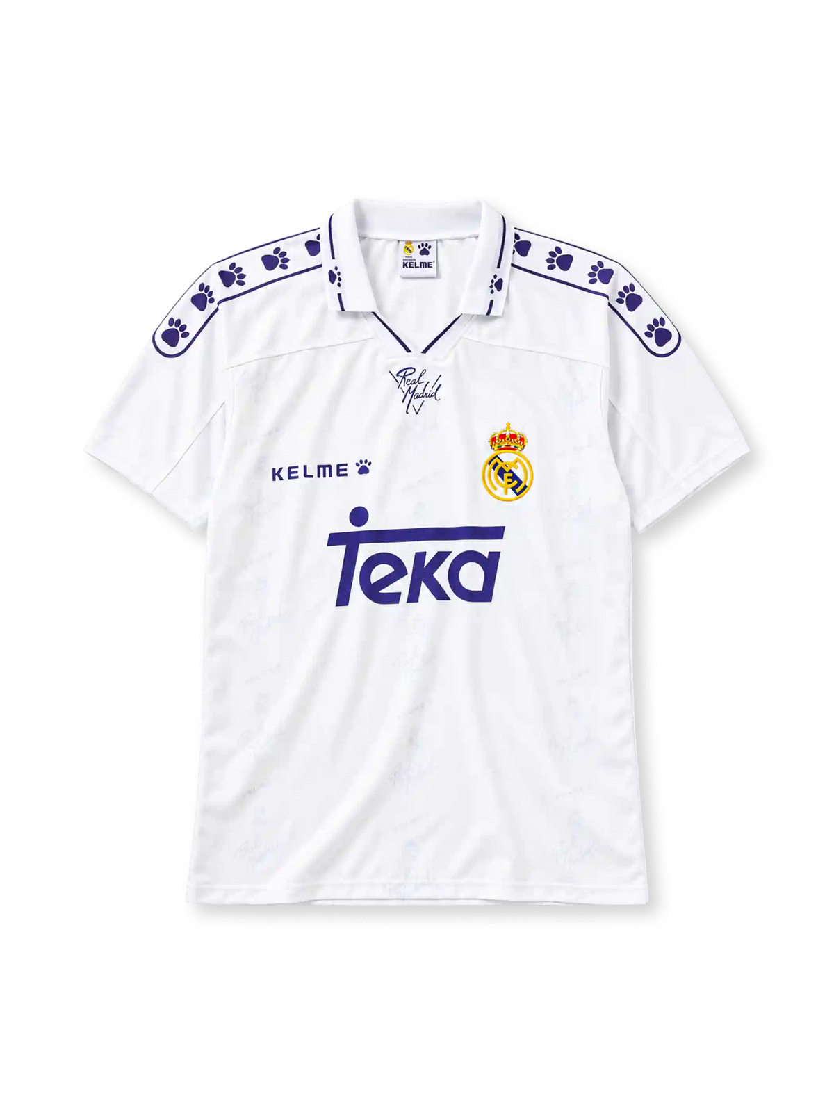 レアル・マドリード 1994/96シーズン ホームユニフォーム（Kelme製、白地、肉球柄、Tekaスポンサー）