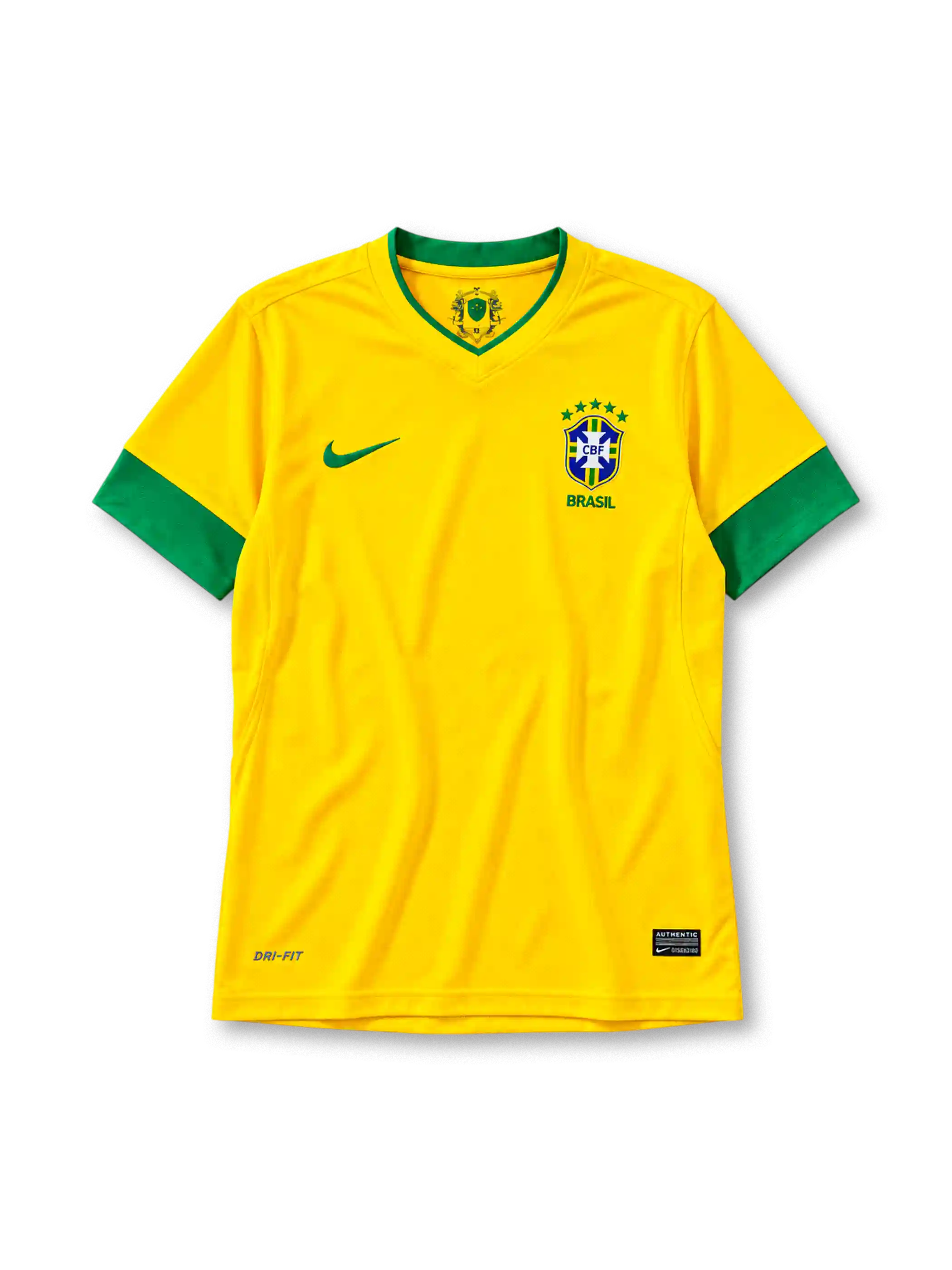 2012/13シーズンのブラジル代表ホームジャージ。イエローを基調にグリーンのVネックと袖口を配し、胸に5つ星のCBFエンブレムとNikeスウッシュを備えたデザイン。