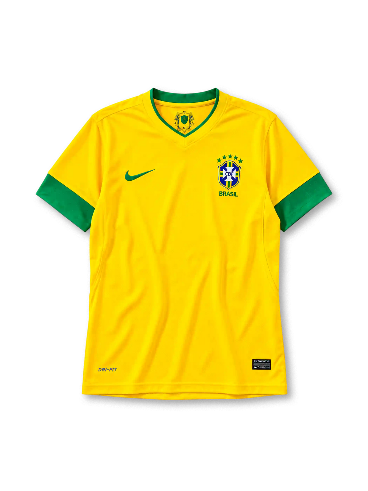 2012/13シーズンのブラジル代表ホームジャージ。イエローを基調にグリーンのVネックと袖口を配し、胸に5つ星のCBFエンブレムとNikeスウッシュを備えたデザイン。