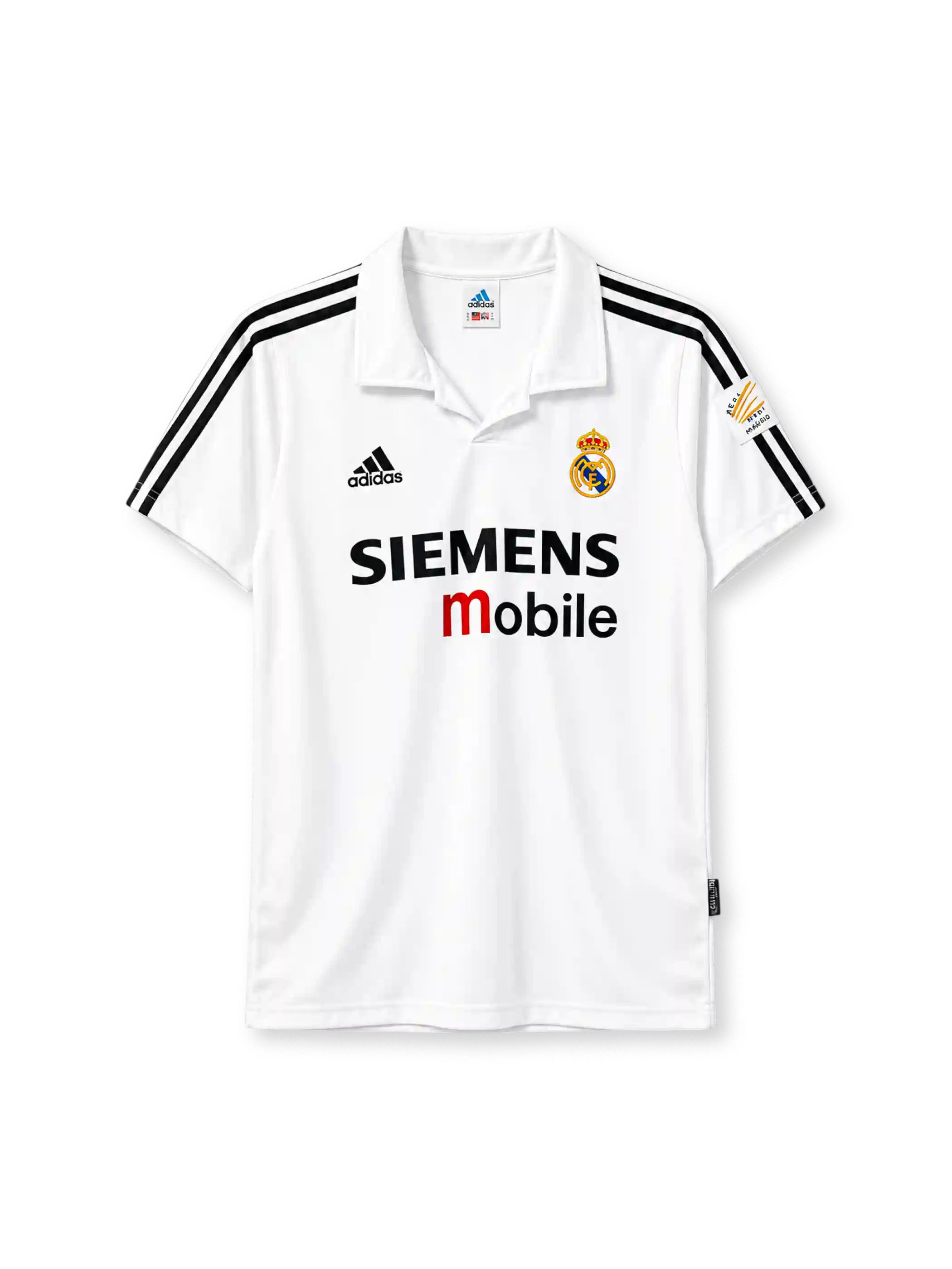 ホワイトを基調にブラックの肩ラインを配し、左胸にレアル・マドリードのエンブレム、中央にSIEMENS mobileロゴ、折り返し襟と袖パッチを備えた2002-03ホームユニフォーム正面。
