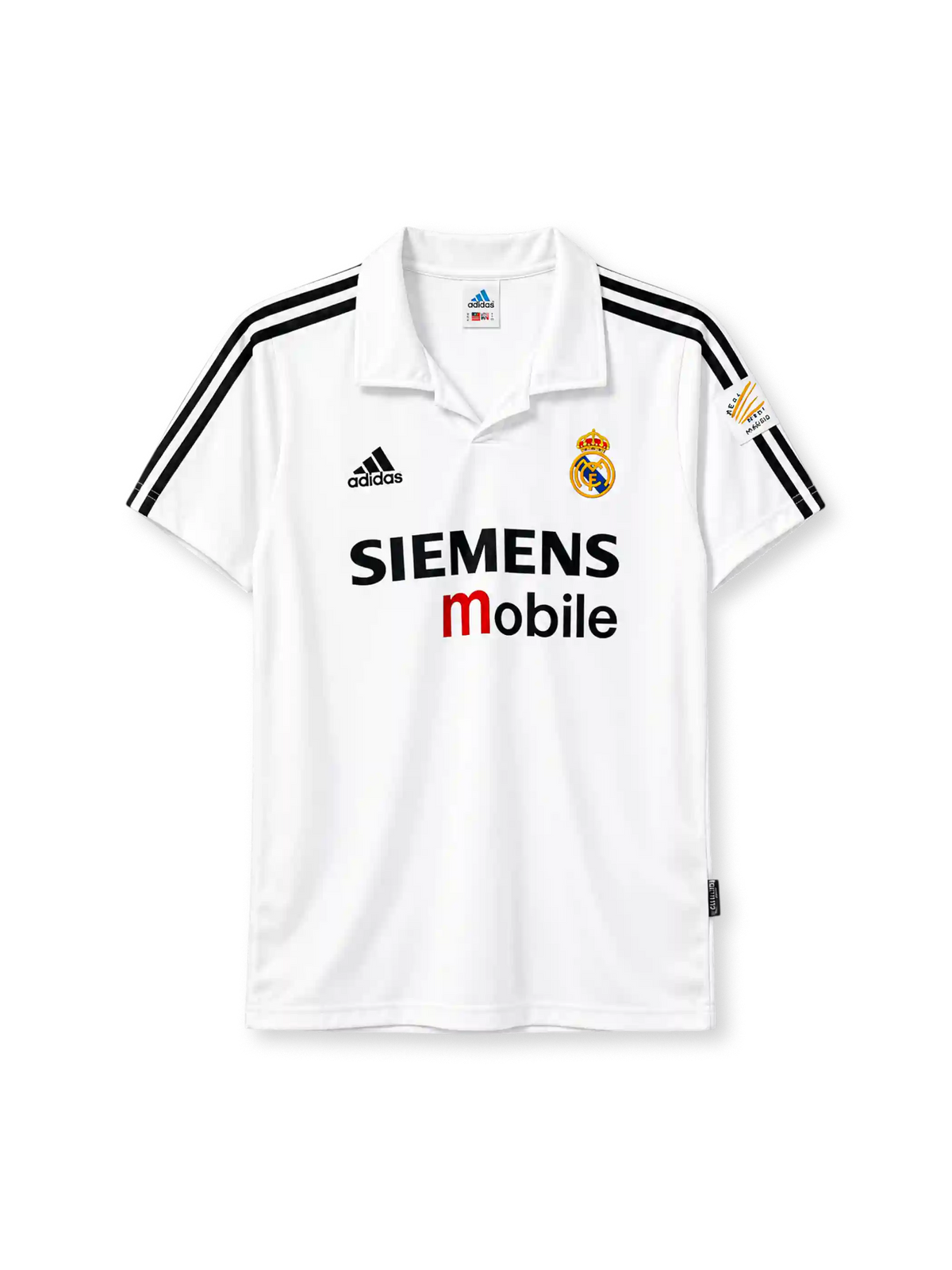 ホワイトを基調にブラックの肩ラインを配し、左胸にレアル・マドリードのエンブレム、中央にSIEMENS mobileロゴ、折り返し襟と袖パッチを備えた2002-03ホームユニフォーム正面。