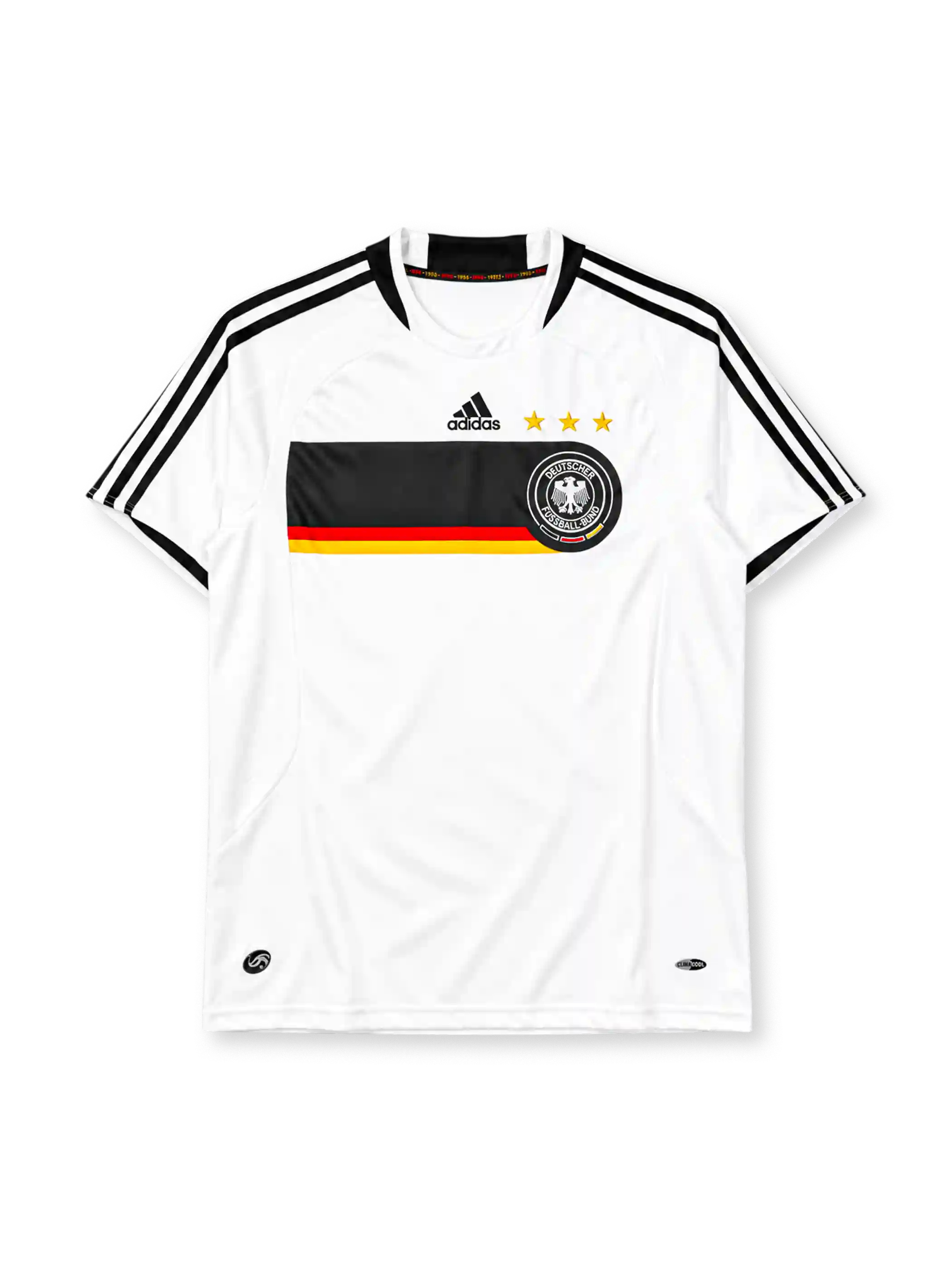 ドイツ代表 2008 ホーム ユニフォーム 白の半袖に国旗カラーの帯 3つ星のDFBエンブレム入り