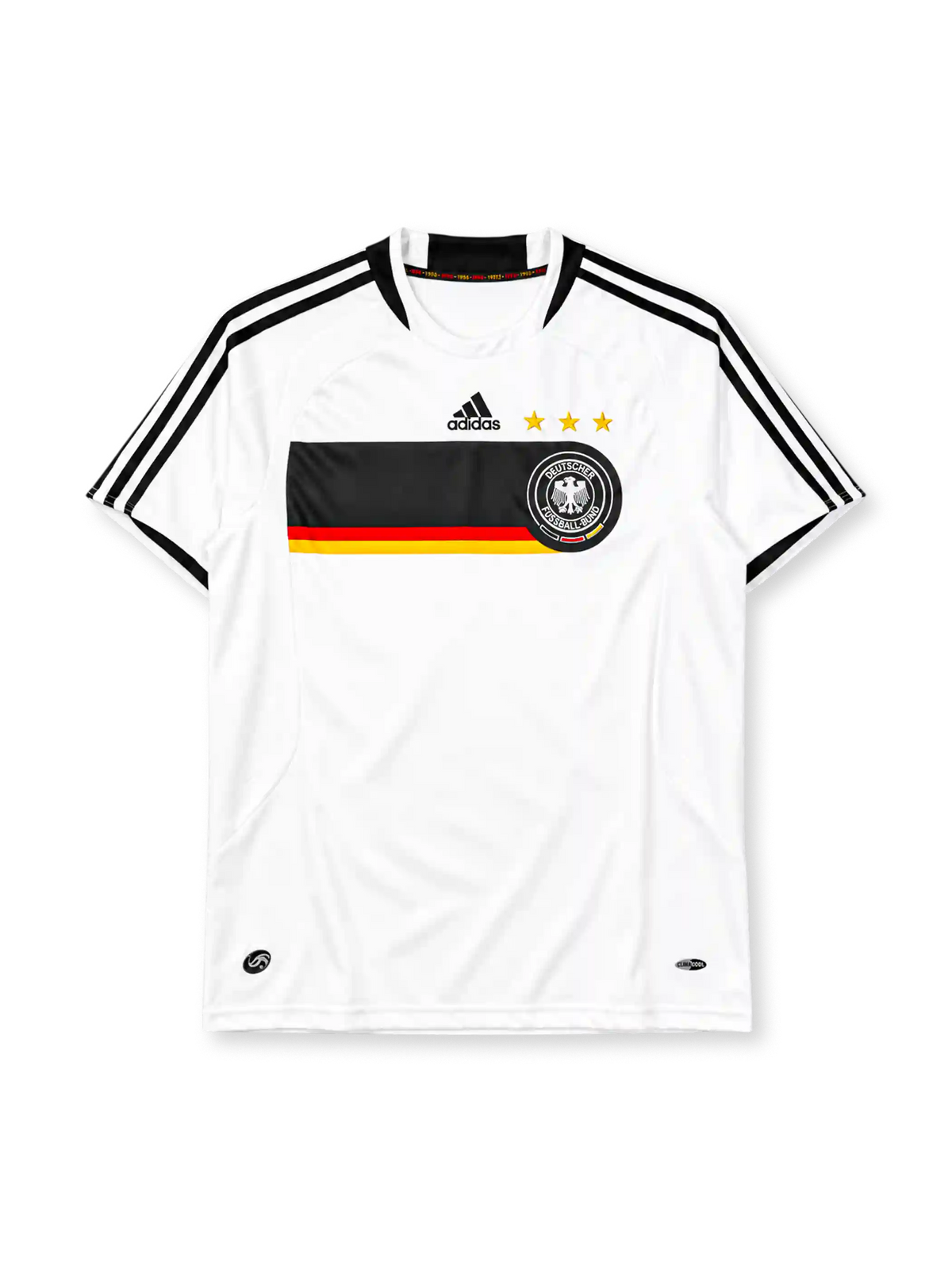 ドイツ代表 2008 ホーム ユニフォーム 白の半袖に国旗カラーの帯 3つ星のDFBエンブレム入り