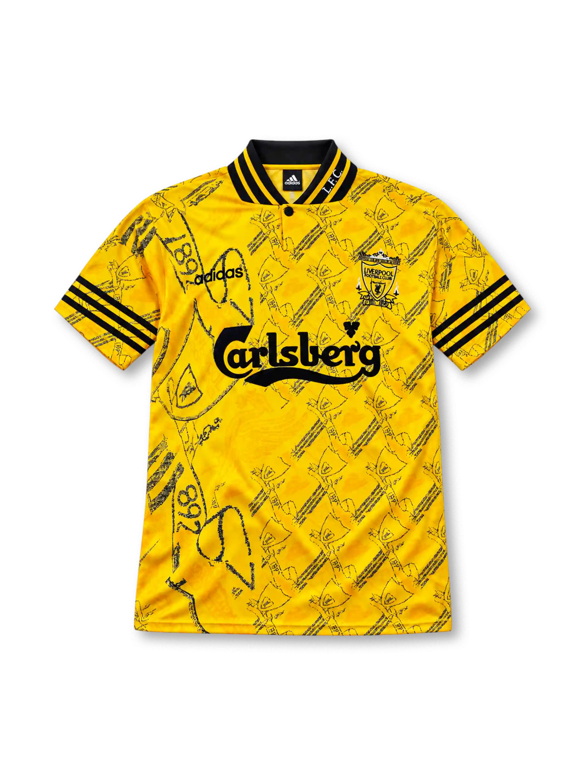 リヴァプール 1994-96 サード ユニフォーム 黄色の半袖にエンブレムと1892の柄 Carlsbergロゴ入り