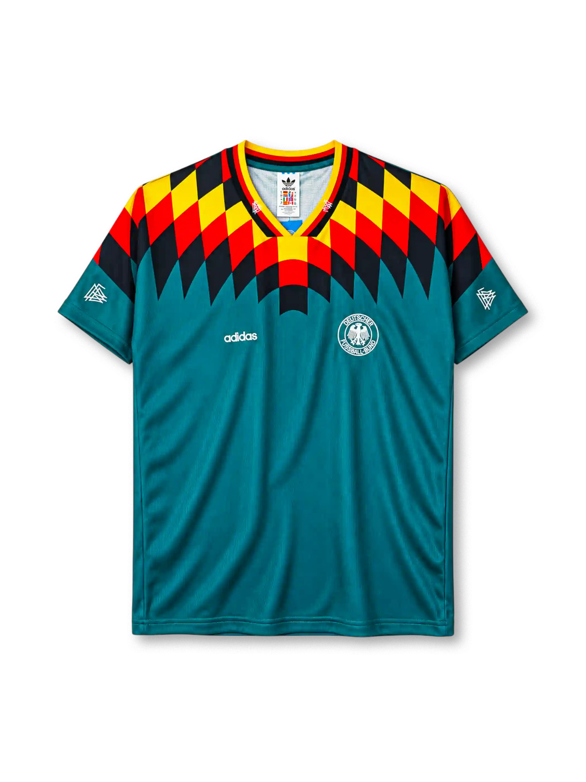 ドイツ代表 1994 アウェイ ユニフォーム グリーンの半袖に国旗カラーの菱形柄 DFBエンブレム入り