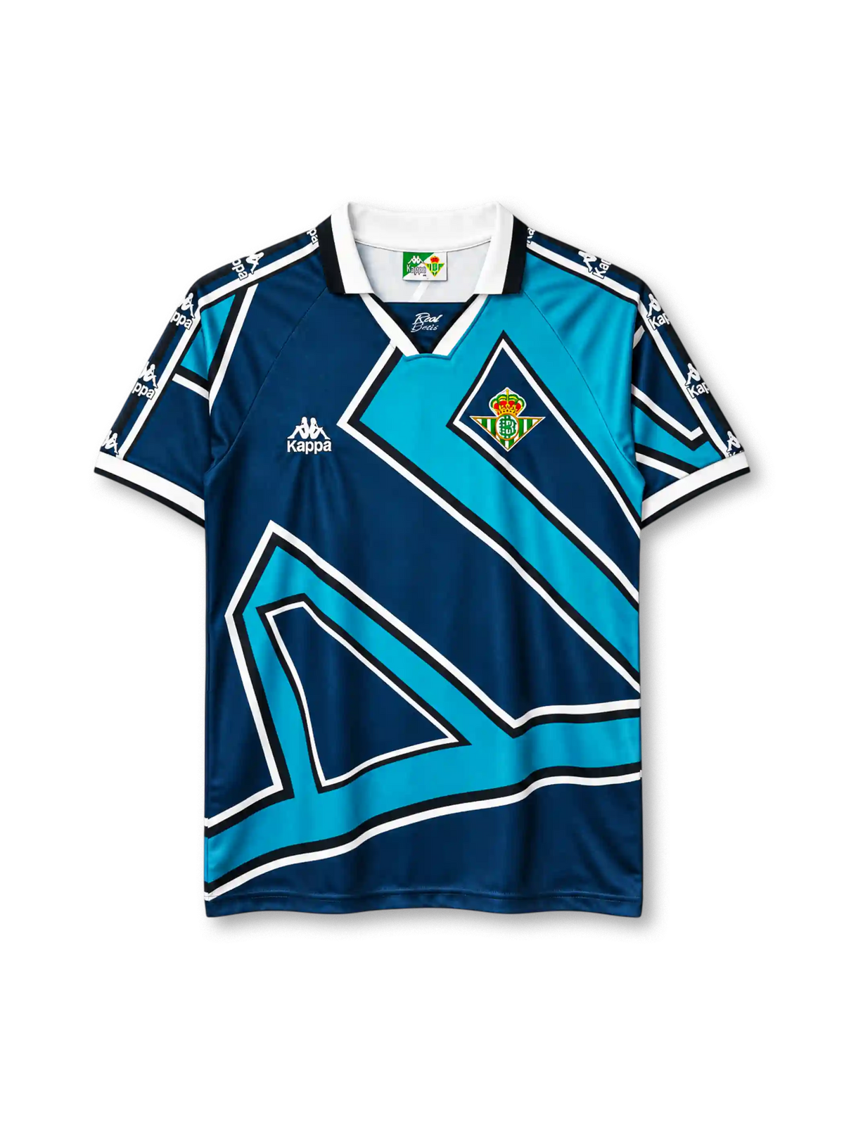 レアル・ベティス 1995-97 アウェイ ユニフォーム 紺の半袖に水色の幾何学模様 白の襟とカッパロゴ入り