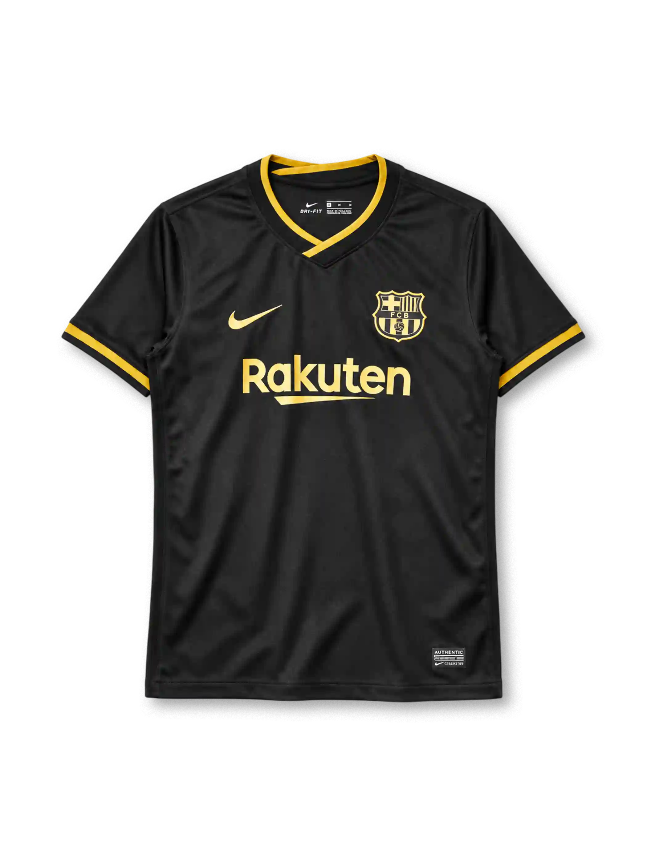 FCバルセロナ 2020-21 アウェイ ユニフォーム 黒の半袖に金のVネック 金のエンブレムとRakutenロゴ入り