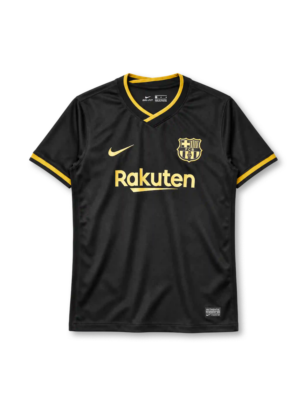 FCバルセロナ 2020-21 アウェイ ユニフォーム 黒の半袖に金のVネック 金のエンブレムとRakutenロゴ入り