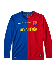 FCバルセロナ 2008-09 ホーム 長袖ユニフォーム 青とえんじのハーフデザイン UNICEFロゴとローマ決勝刺繍入り