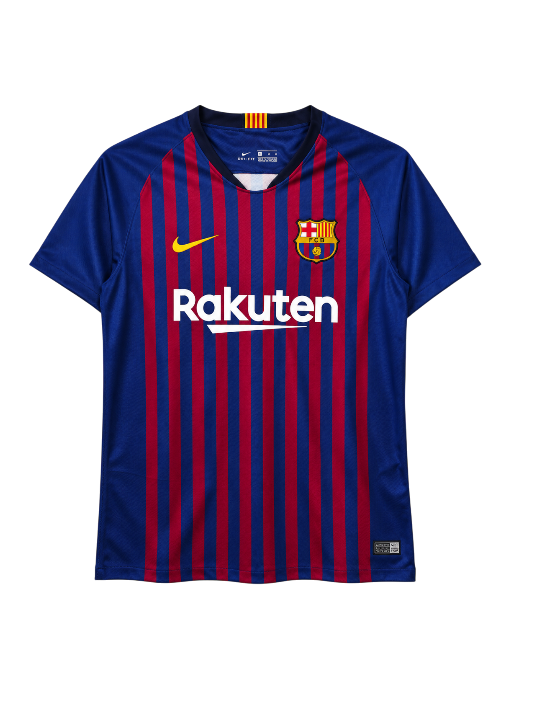FCバルセロナ 2018-19 ホーム ユニフォーム 青とえんじの細い縦縞 無地の青の袖とRakutenロゴ入り