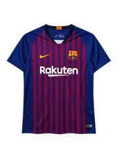 FCバルセロナ 2018-19 ホーム ユニフォーム 青とえんじの細い縦縞 無地の青の袖とRakutenロゴ入り