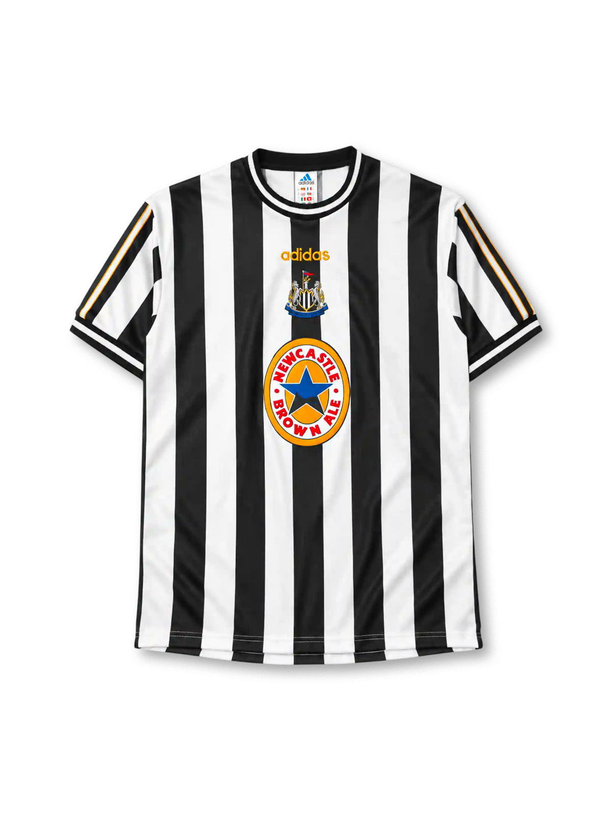 ニューカッスル・ユナイテッド 1997-99 ホーム ユニフォーム 白黒ストライプ 中央のエンブレムとNewcastle Brown Aleロゴ入り