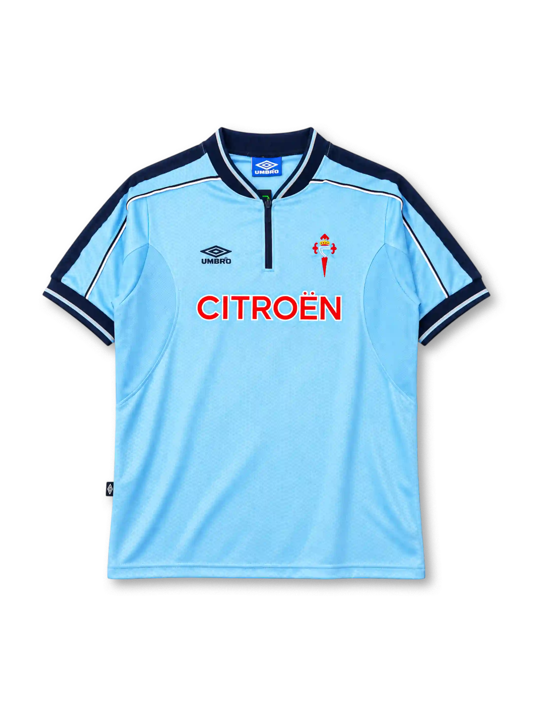 セルタ・デ・ビーゴ 1999-00 ホーム ユニフォーム スカイブルーに紺の肩パネル ハーフジップ CITROËNロゴ入り