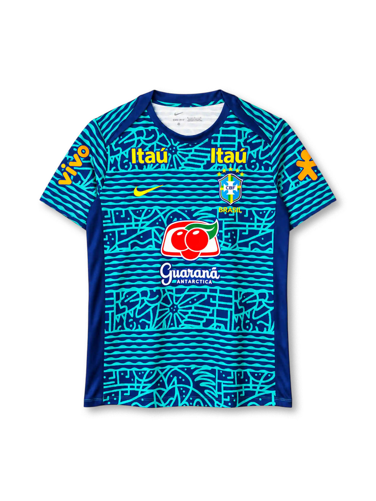 ブラジル代表 2024 プレマッチトレーニングシャツ ネイビー アクアブルーラインアート ナイキ製 Itaú Guaraná Antarcticaスポンサー
