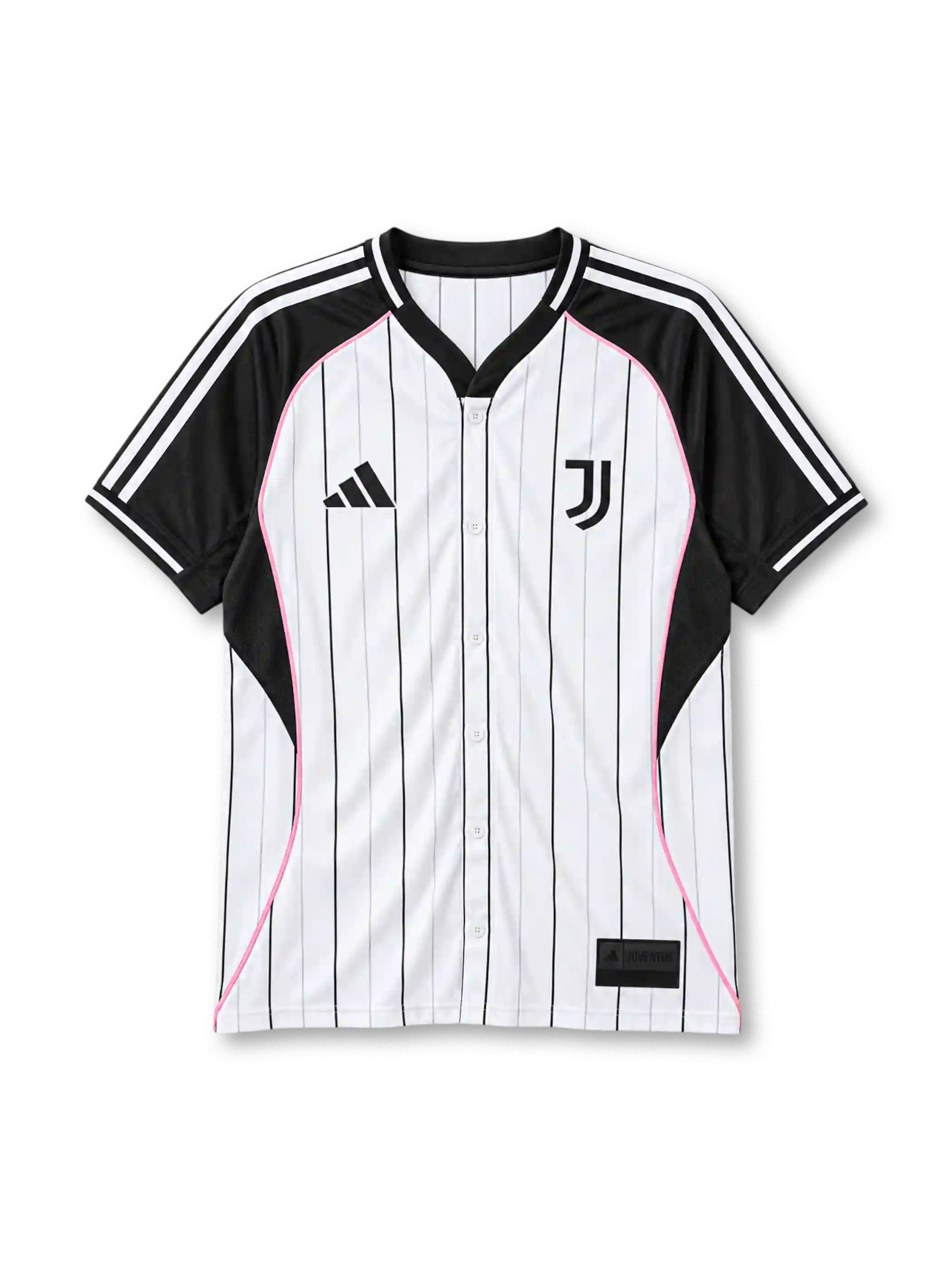 ユベントス 2025年 ホワイトベースボールシャツ(adidas製、白地、黒ピンストライプ、ピンクアクセント)