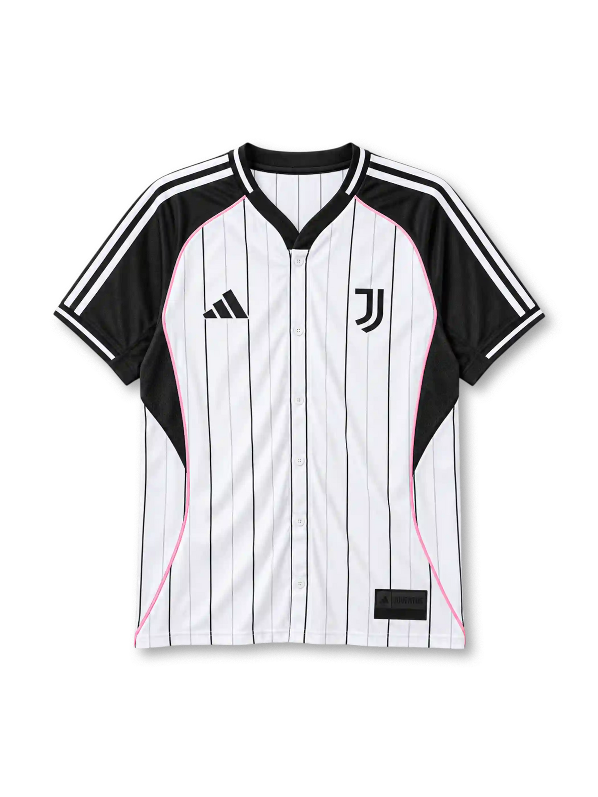 ユベントス 2025年 ホワイトベースボールシャツ(adidas製、白地、黒ピンストライプ、ピンクアクセント)