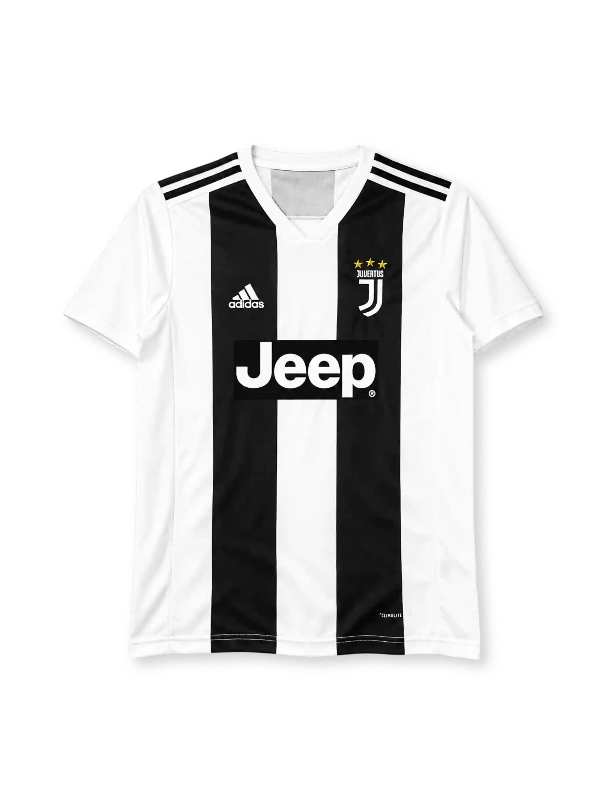 ユベントス 2018/19シーズン ホームユニフォーム（adidas製、白地に太い黒縞、Jeepスポンサー）