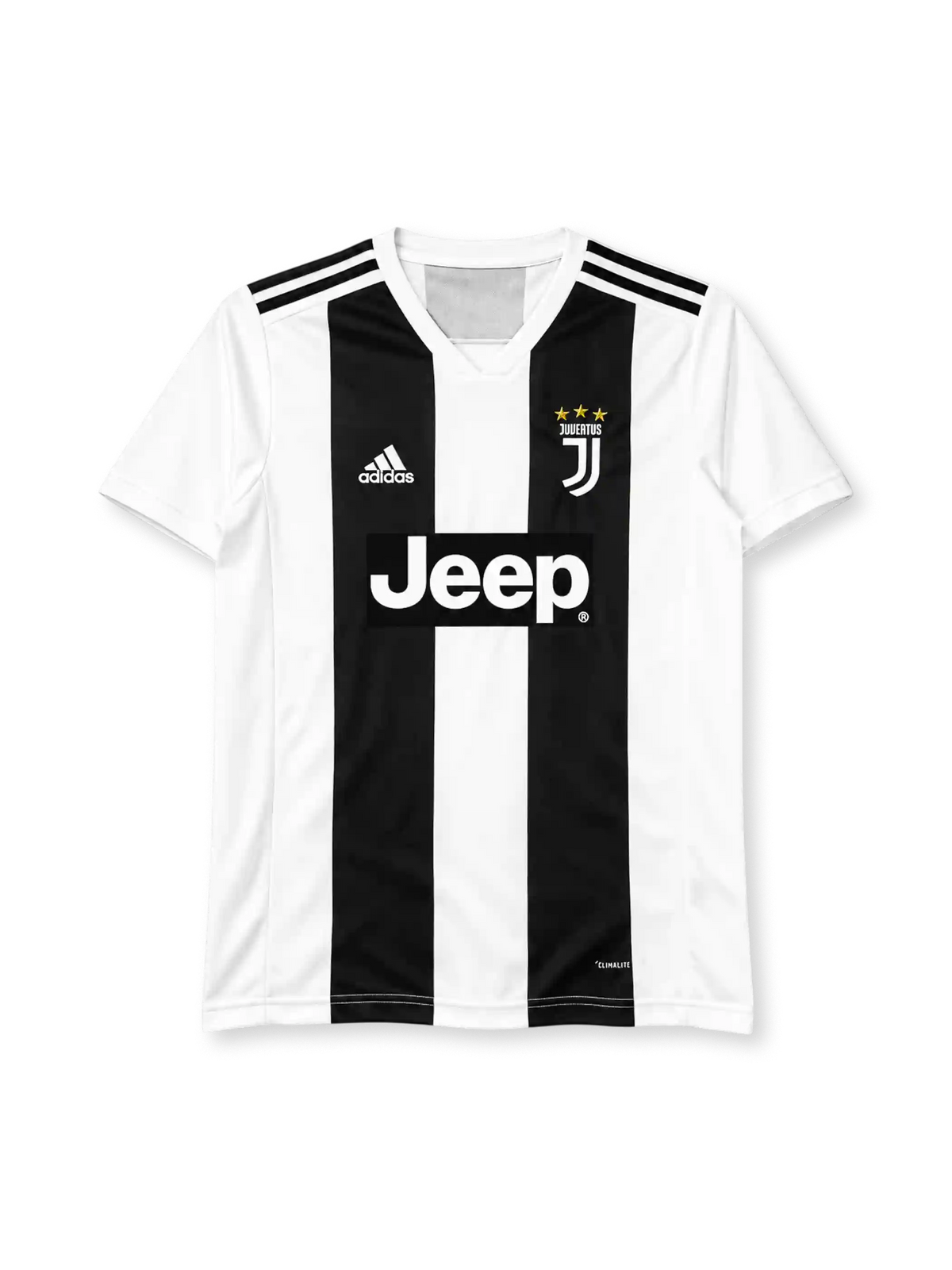 ユベントス 2018/19シーズン ホームユニフォーム（adidas製、白地に太い黒縞、Jeepスポンサー）