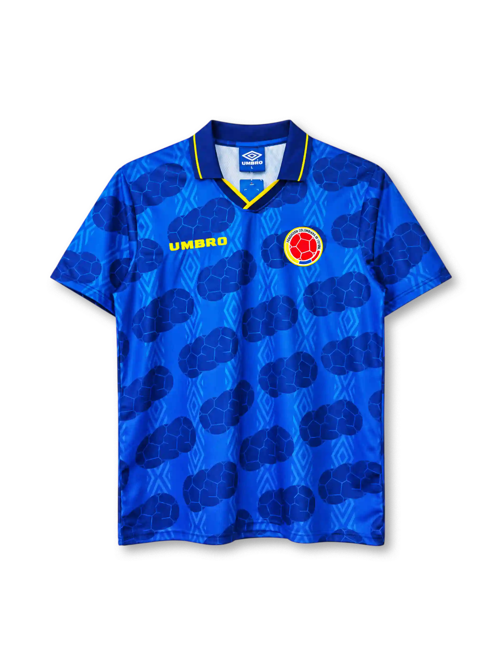 コロンビア代表 1994年 アウェイユニフォーム(Umbro製、青地、サッカーボール柄)