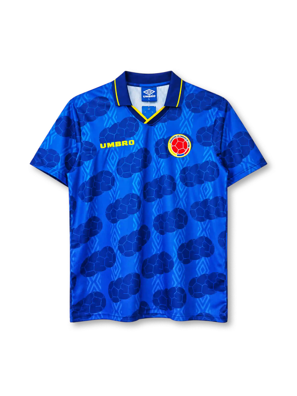 コロンビア代表 1994年 アウェイユニフォーム(Umbro製、青地、サッカーボール柄)
