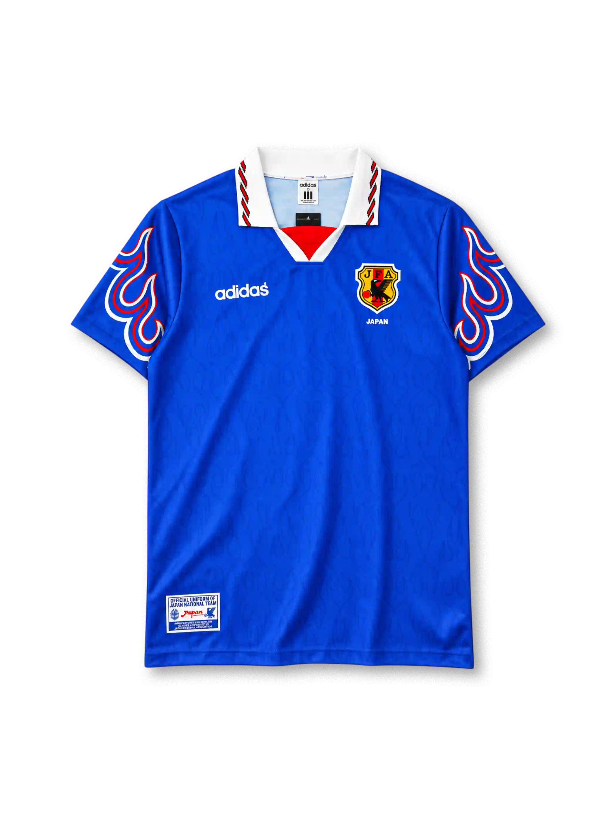 日本代表 1996/97シーズン ホームユニフォーム(adidas製、青地、炎柄、JFAエンブレム)