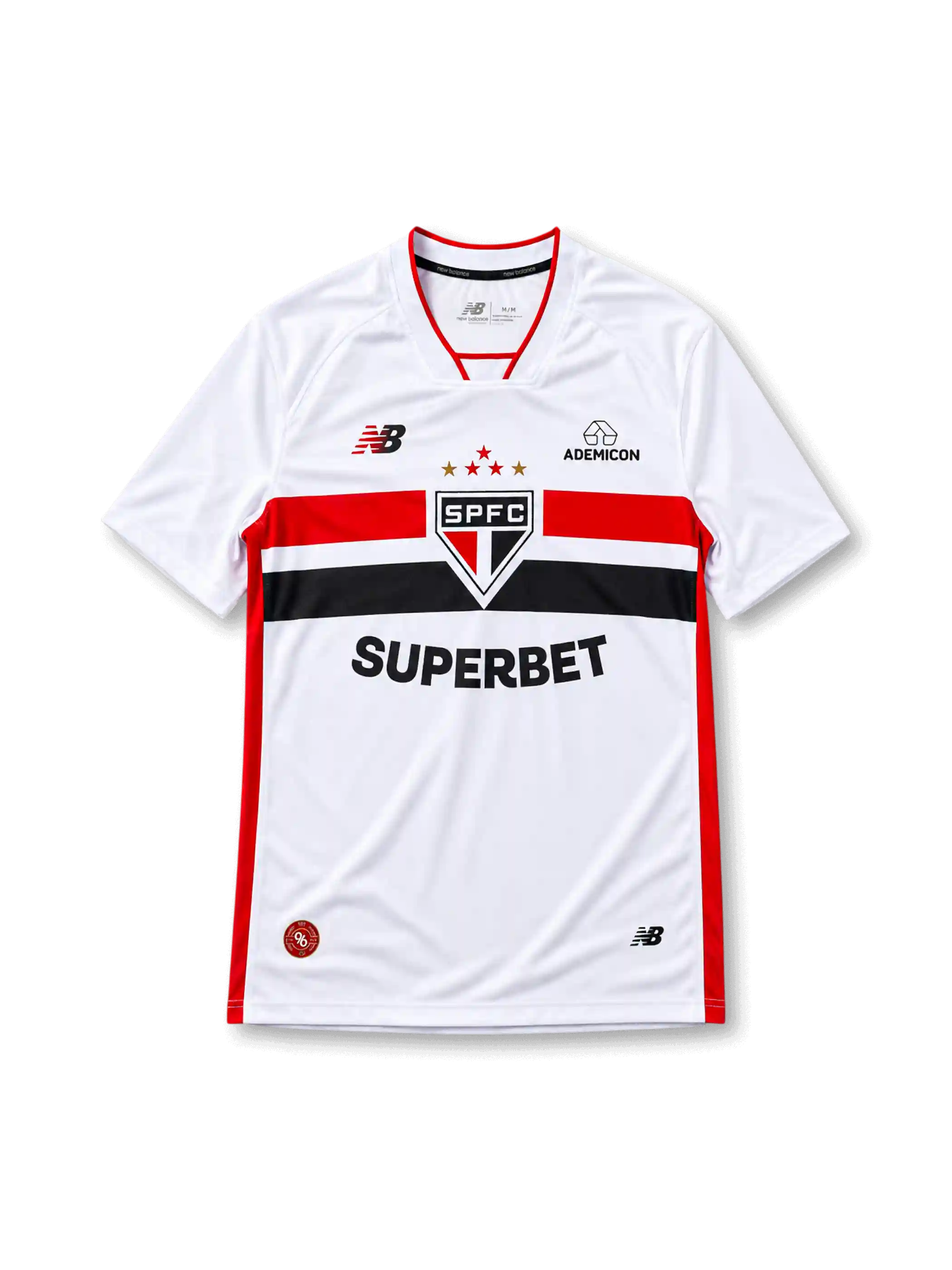 2026-27年サンパウロFC ホームユニフォーム、ホワイトに胸を横切るレッドとブラックの帯、中央のクラブエンブレムと五つの星。