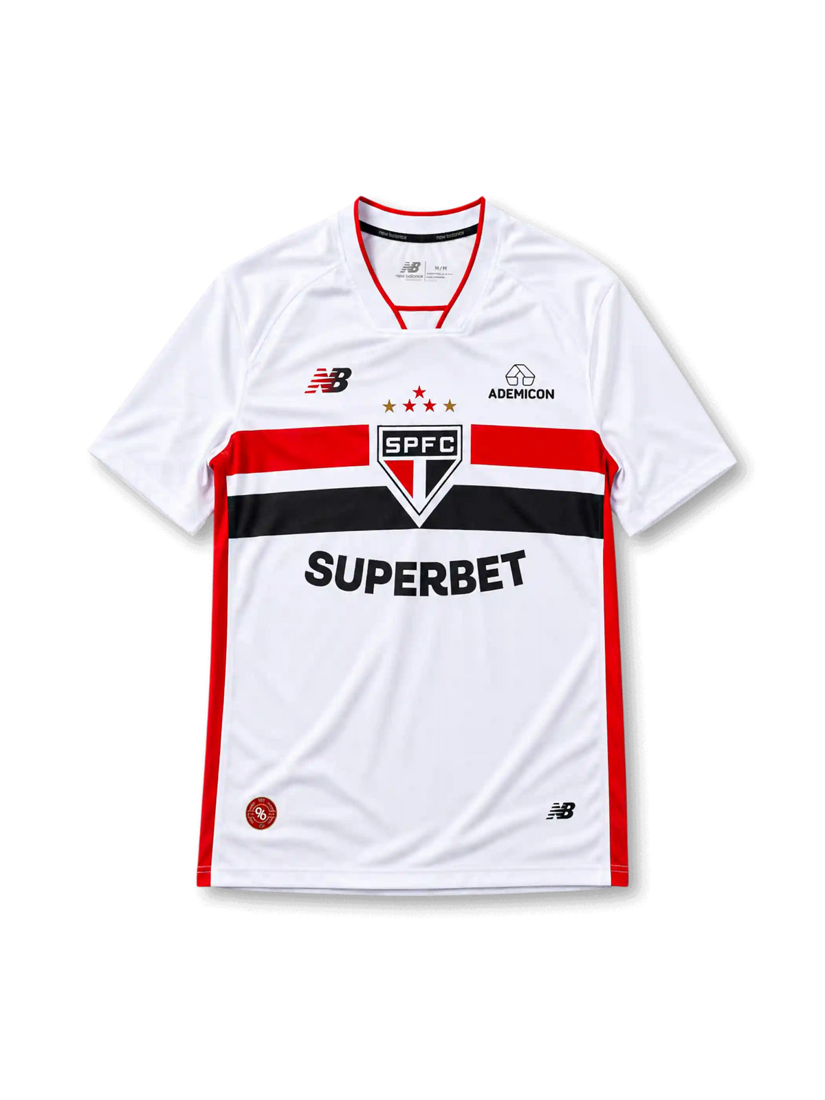 2026-27年サンパウロFC ホームユニフォーム、ホワイトに胸を横切るレッドとブラックの帯、中央のクラブエンブレムと五つの星。