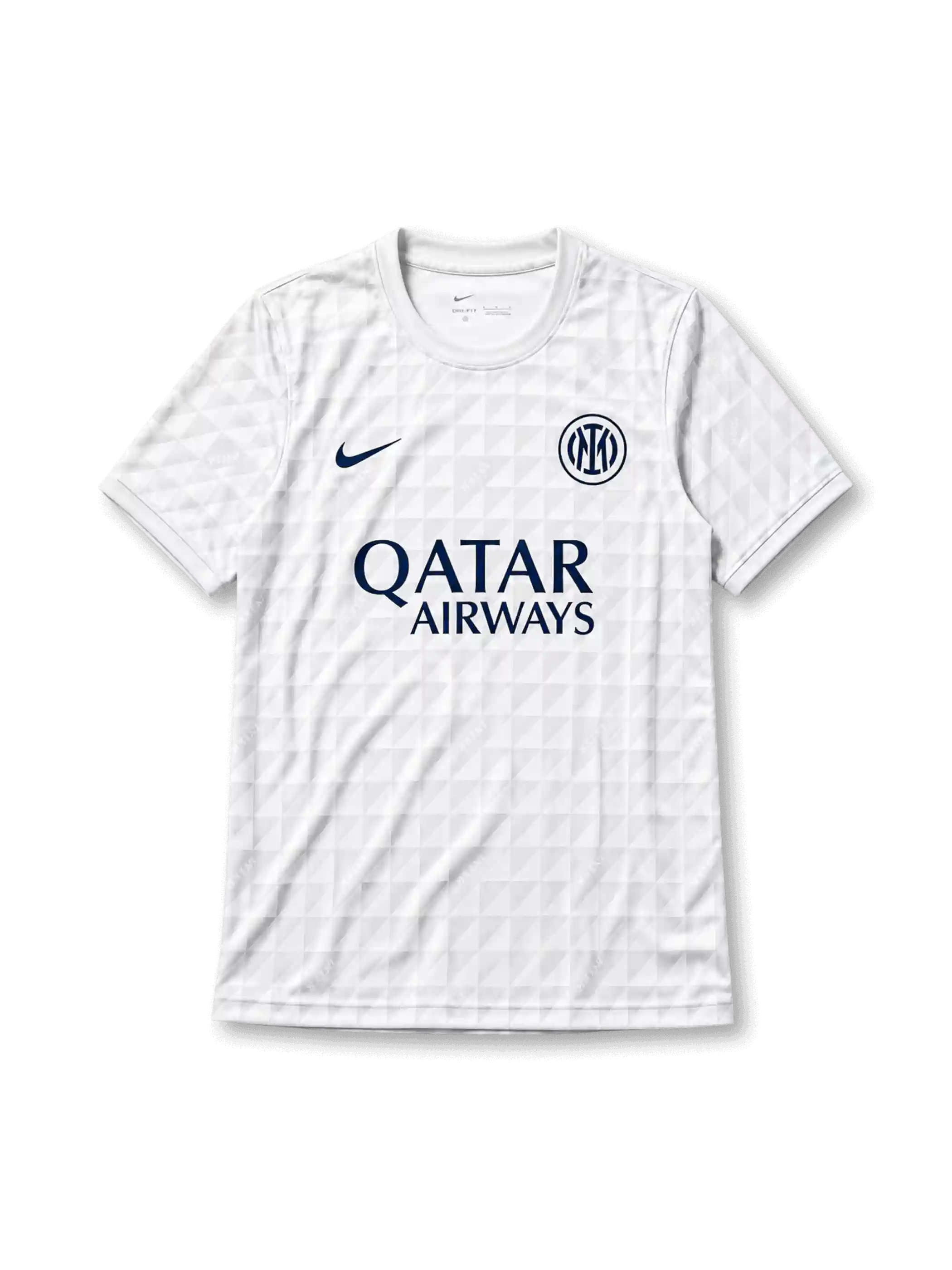 淡い水色に三角形・ダイヤ柄と「INTER」の透かし文字、水色のクルーネック襟、紺色のNikeロゴ、円形のインテル・ミラノクラブエンブレム、QATAR AIRWAYSスポンサーロゴを備えたインテル・ミラノ2026-27トレーニングジャージ正面