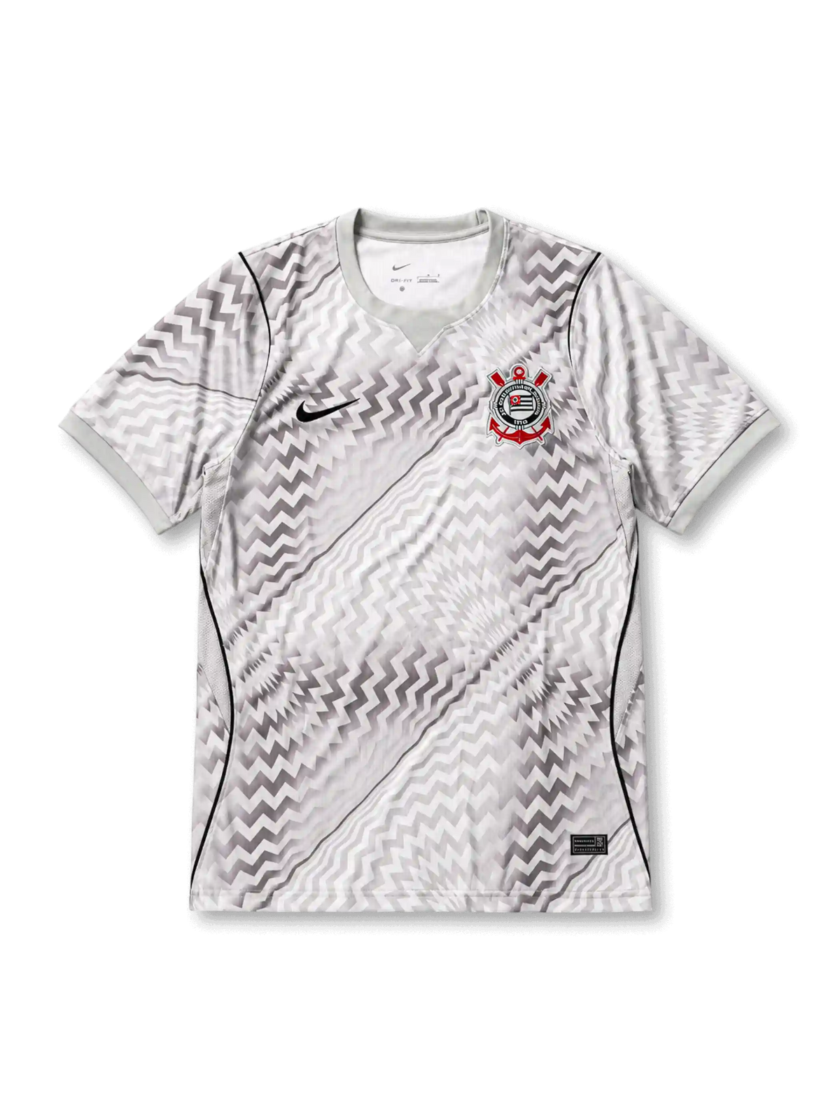 ホワイトベースに灰色のジグザグ柄、白灰色のクルーネック襟、左胸のNikeロゴ、S.C. CORINTHIANS PAULISTA 1910と記された円形クラブエンブレムを備えたコリンチャンス2026-27トレーニングジャージ正面