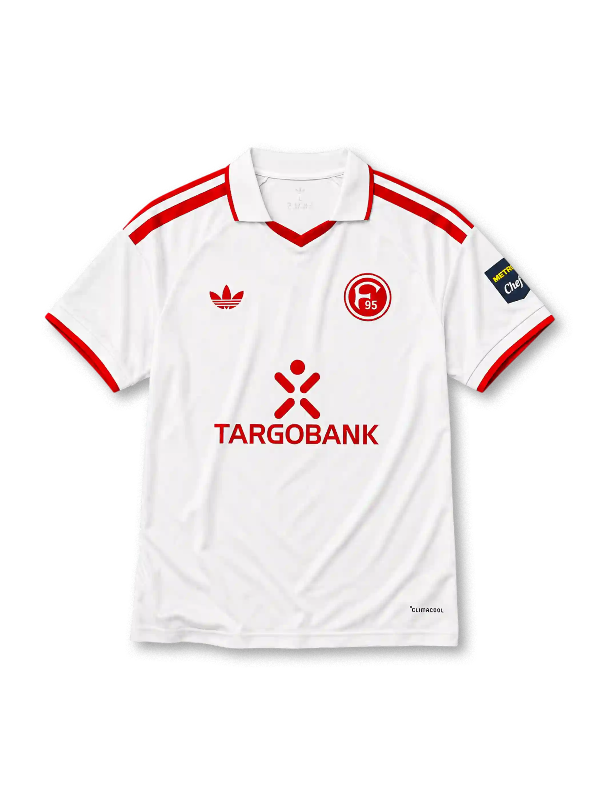 白地に赤いV字ポロ襟と袖口トリム、赤いadidasトレフォイルロゴ、赤いF95クラブエンブレム、TARGOBANKのスポンサーロゴを備えたフォルトゥナ・デュッセルドルフ2026-27アウェイシャツ正面
