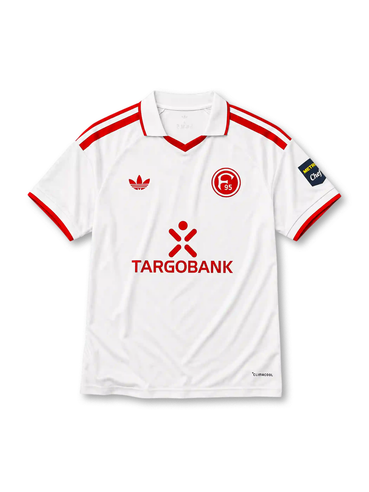 白地に赤いV字ポロ襟と袖口トリム、赤いadidasトレフォイルロゴ、赤いF95クラブエンブレム、TARGOBANKのスポンサーロゴを備えたフォルトゥナ・デュッセルドルフ2026-27アウェイシャツ正面