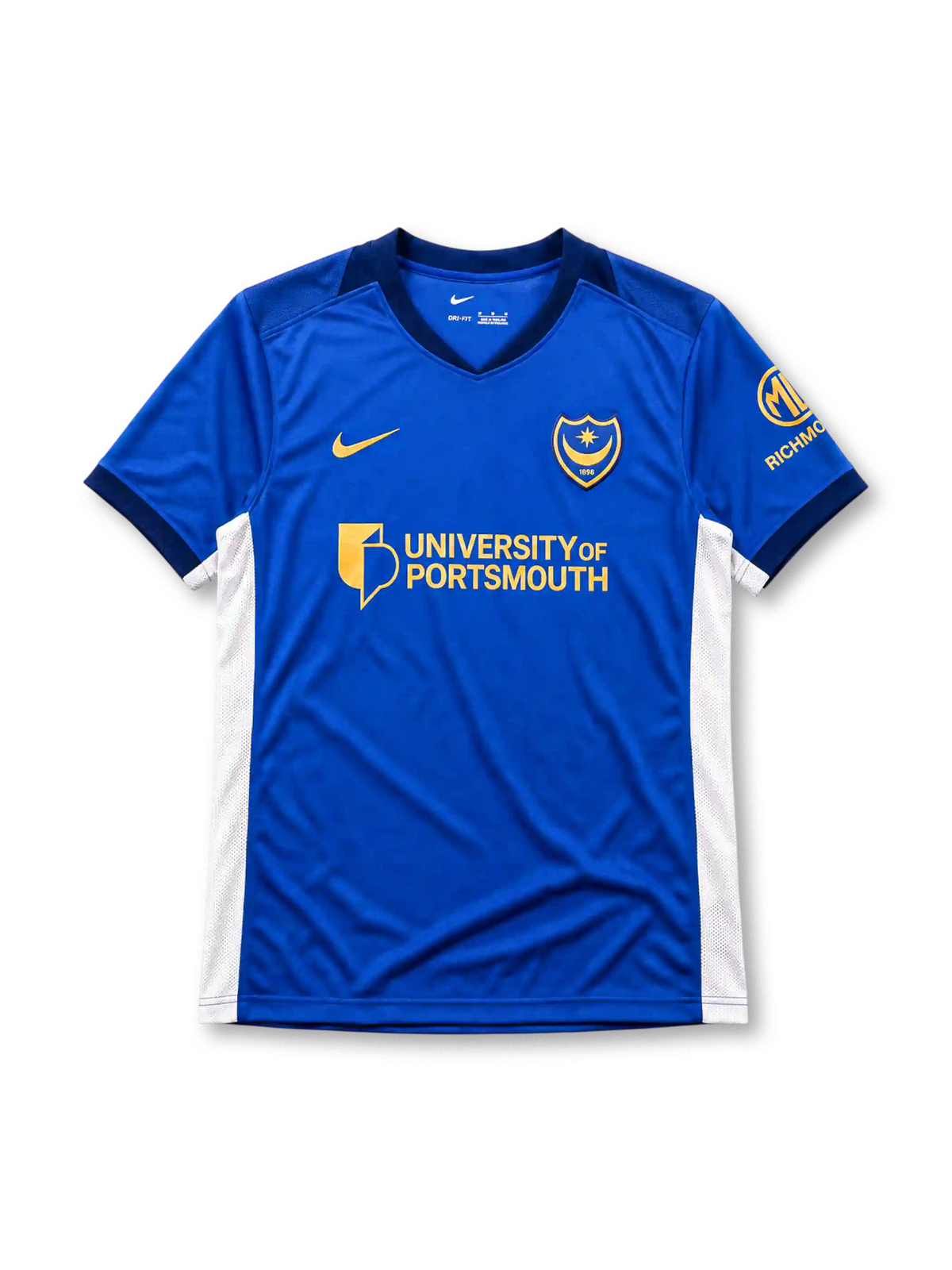 紺地に白いサイドパネル、金色のNikeスウッシュ、星と三日月を配したクラブエンブレム、University of Portsmouthのスポンサーロゴを備えたポーツマスFC2026-27ホームシャツ正面