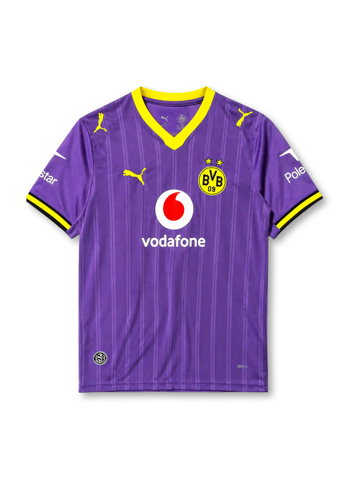 鮮やかな紫地に細いピンストライプ柄、蛍光イエローのV字襟と袖口、黄色いPumaロゴ、2つの星を戴いたBVBクラブエンブレム、vodafoneのスポンサーロゴを備えたボルシア・ドルトムント2026-27サードシャツ正面