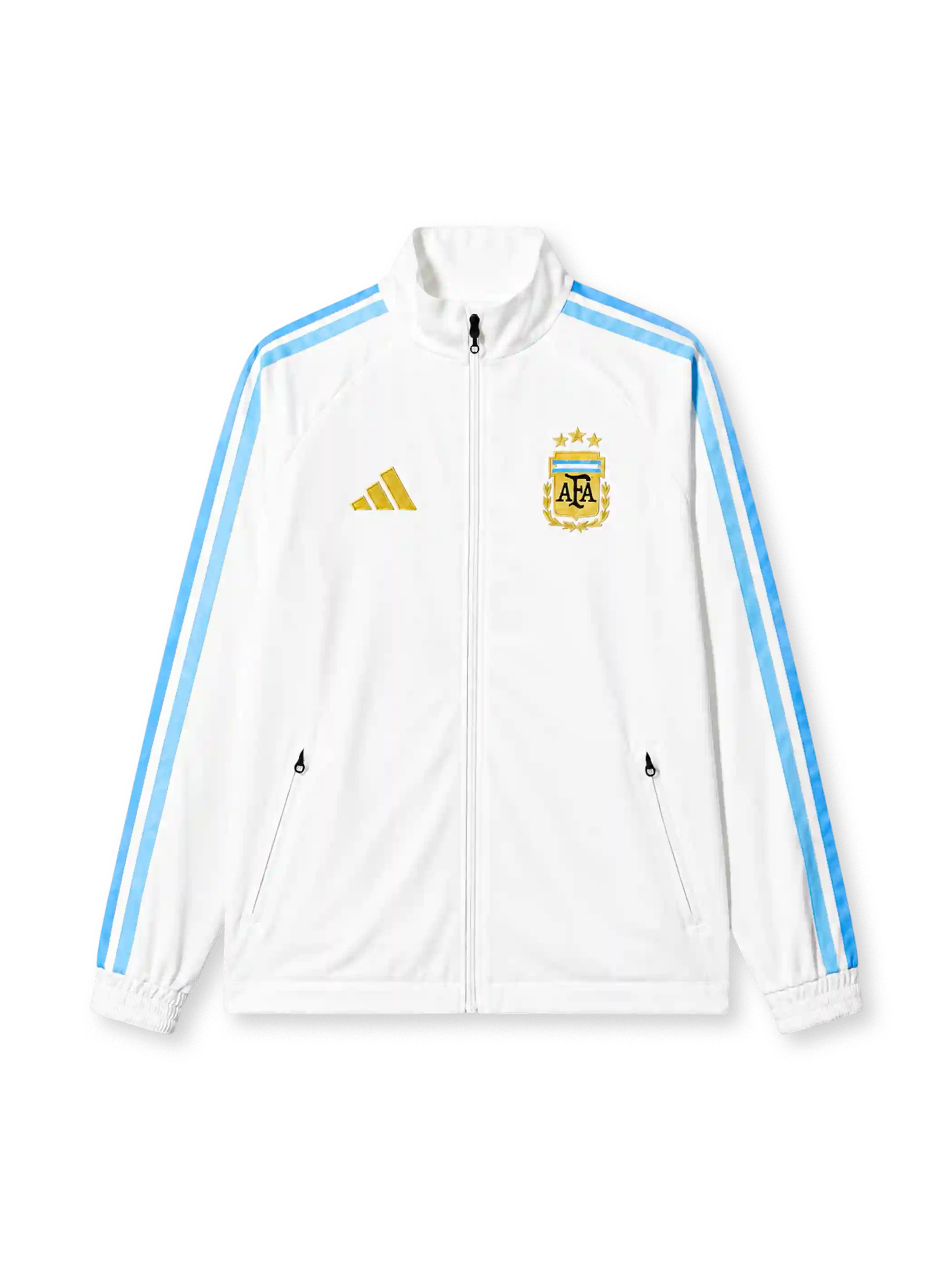 ホワイトベースに水色のadidasスリーストライプ、金色のadidasロゴ、三つの星を戴いた金色のAFAシールド型クラブエンブレムを備えたアルゼンチン代表2026年W杯ホワイトトレーニングジャケット正面