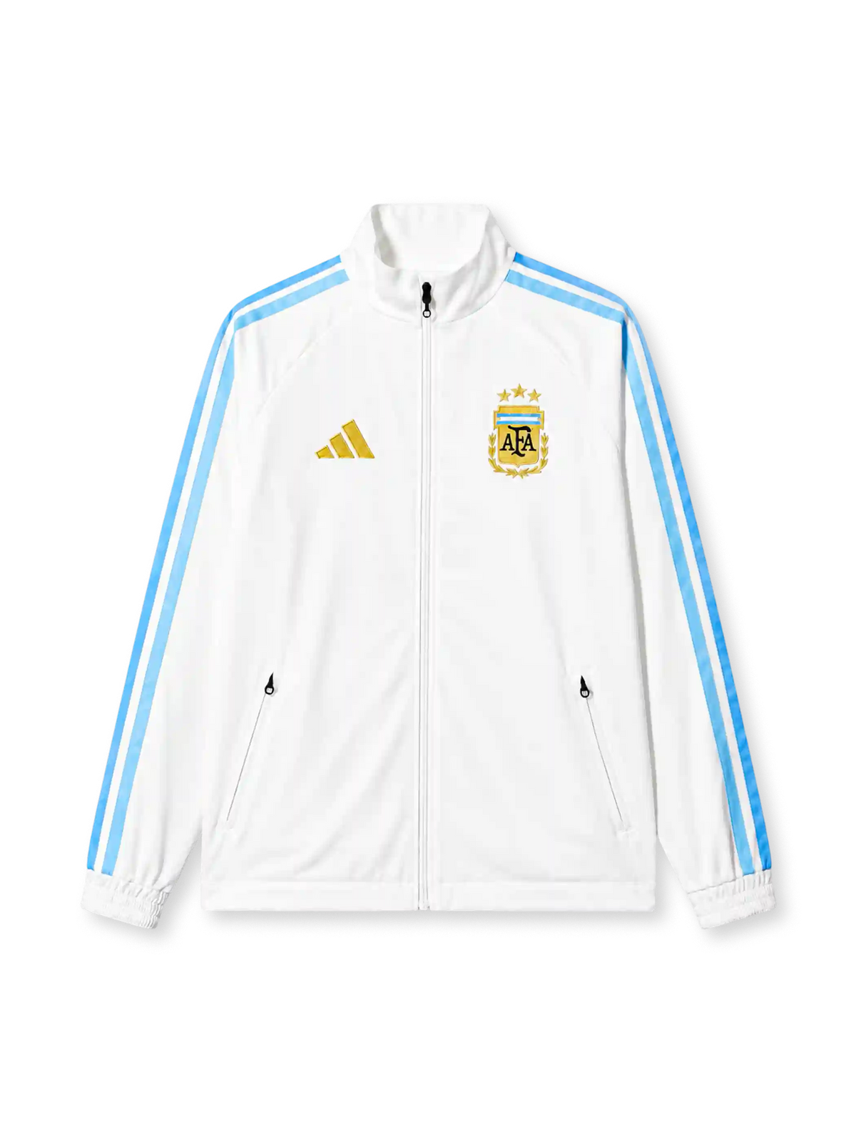 ホワイトベースに水色のadidasスリーストライプ、金色のadidasロゴ、三つの星を戴いた金色のAFAシールド型クラブエンブレムを備えたアルゼンチン代表2026年W杯ホワイトトレーニングジャケット正面
