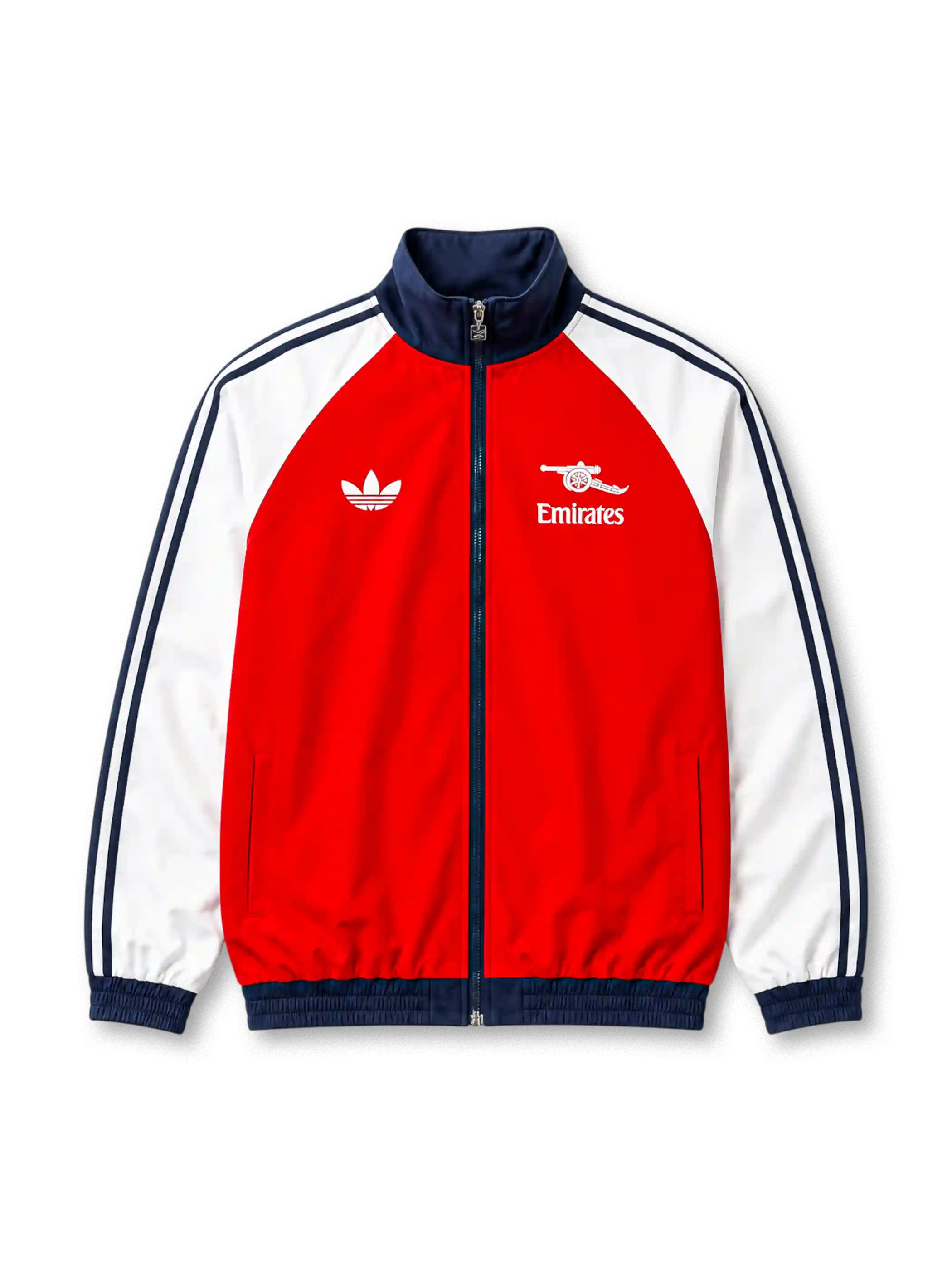 赤ベースに白いラグラン袖と紺のadidasダブルストライプ、紺地のスタンドカラー、白いadidasロゴ、白い大砲アイコンとEmiratesロゴを備えたアーセナル2026-27マッチデートラックジャケット正面