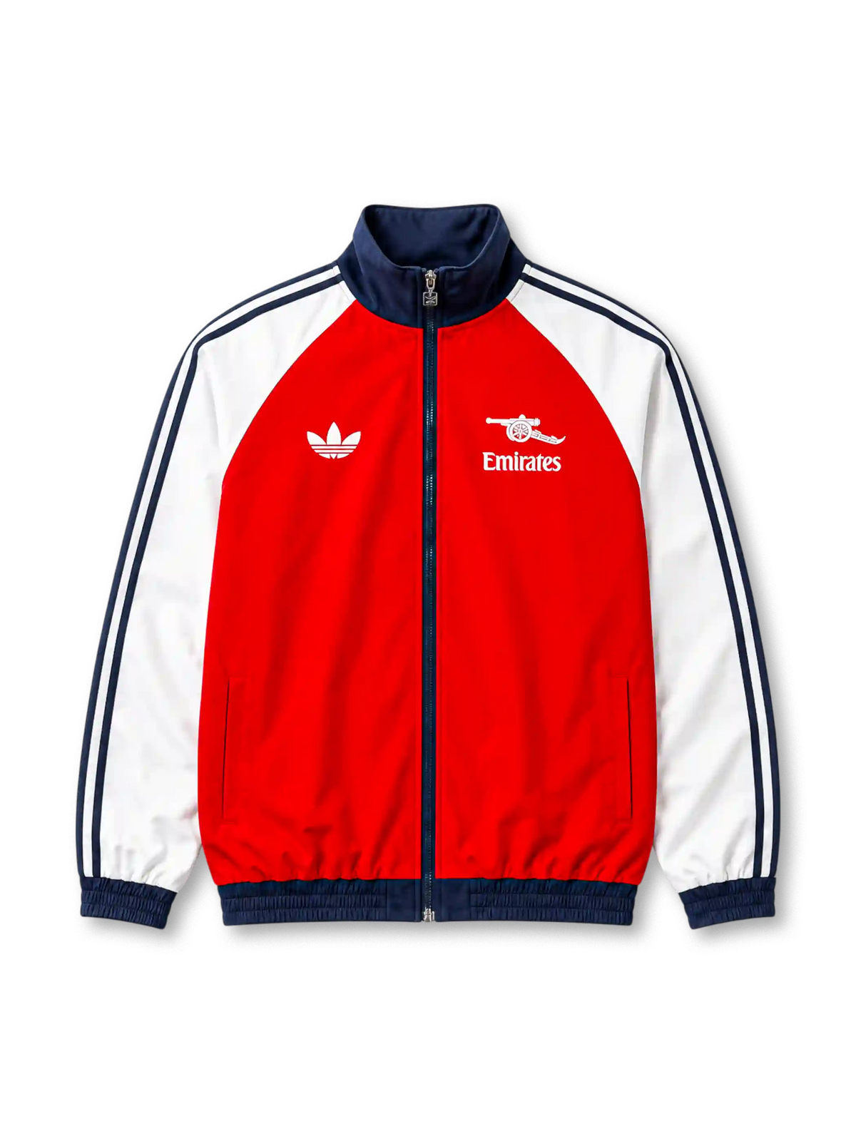 赤ベースに白いラグラン袖と紺のadidasダブルストライプ、紺地のスタンドカラー、白いadidasロゴ、白い大砲アイコンとEmiratesロゴを備えたアーセナル2026-27マッチデートラックジャケット正面