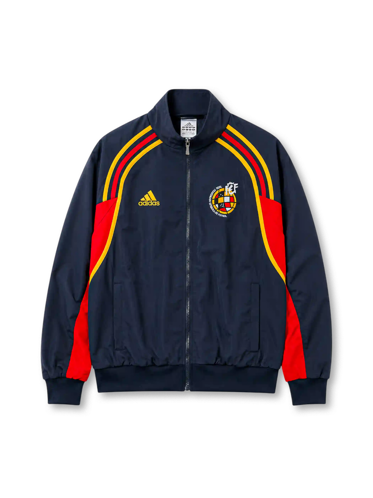 ネイビー地に赤と黄のテープが肩から弧を描くデザイン、黄色いadidasロゴ、マスコットとタータン柄の球体を組み合わせたRFEFエンブレムを備えたスペイン代表2002レトロトラックジャケット正面